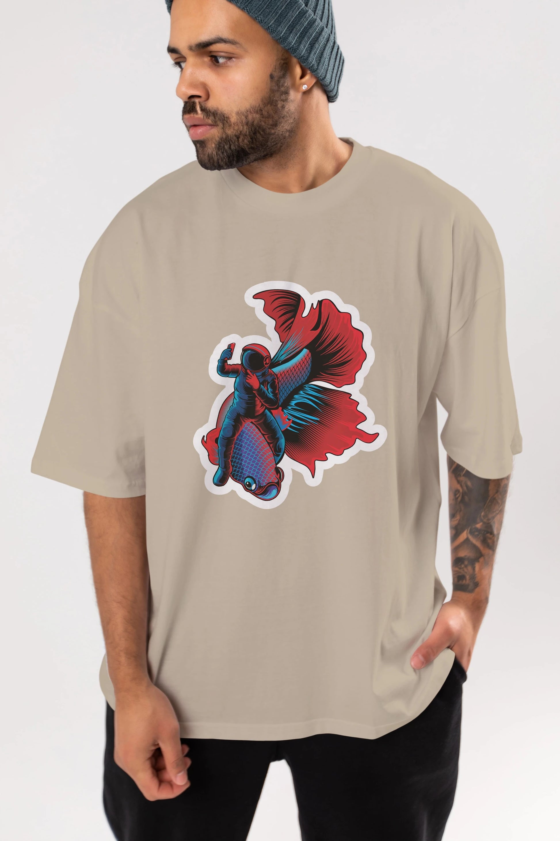 Astrofish selfie sticker Ön Baskılı Oversize t-shirt Erkek Kadın Unisex