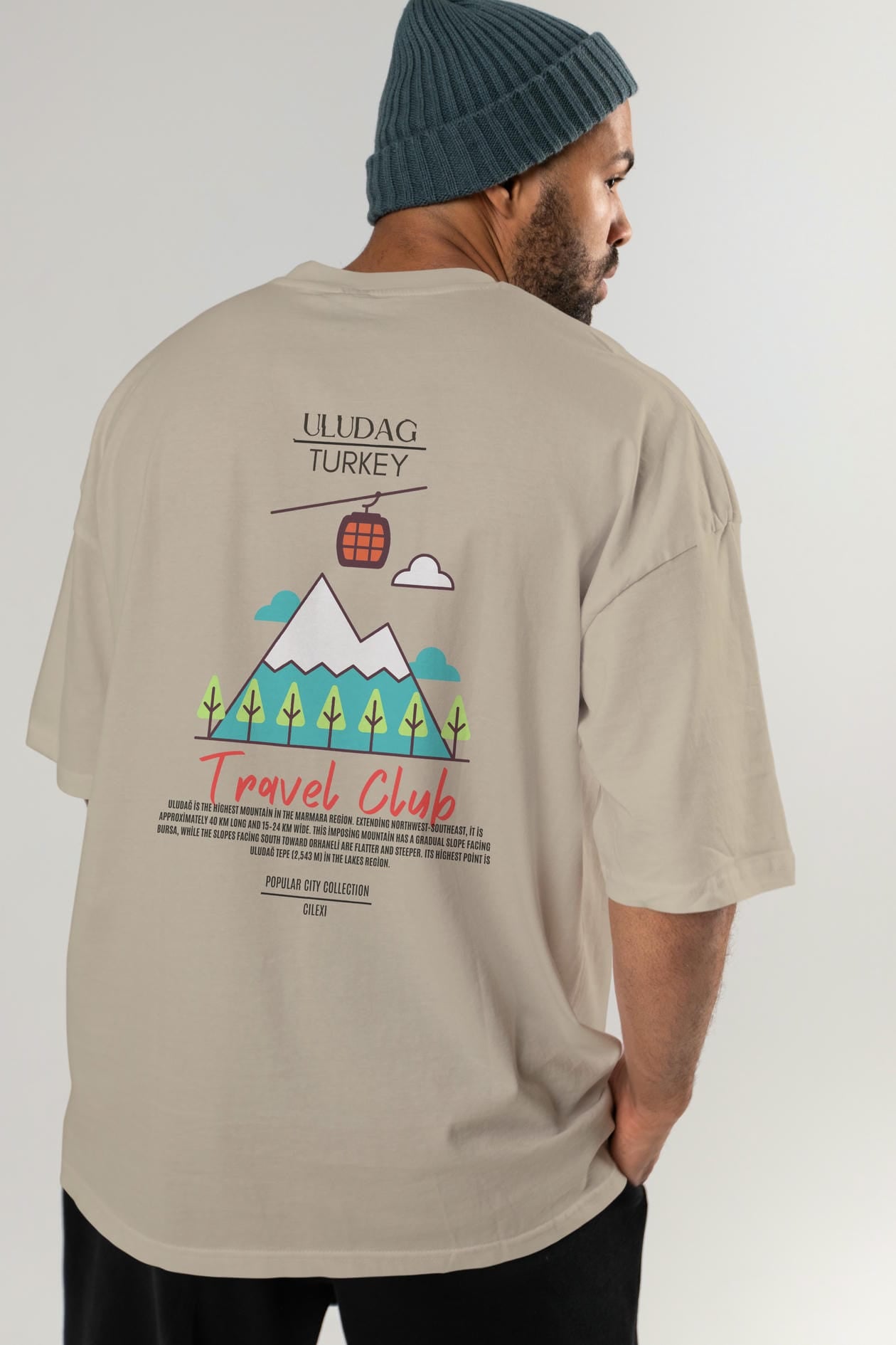Uludağ Turkey Arka Baskılı Oversize t-shirt Erkek Kadın Pamuk Bisiklet Yaka tişort