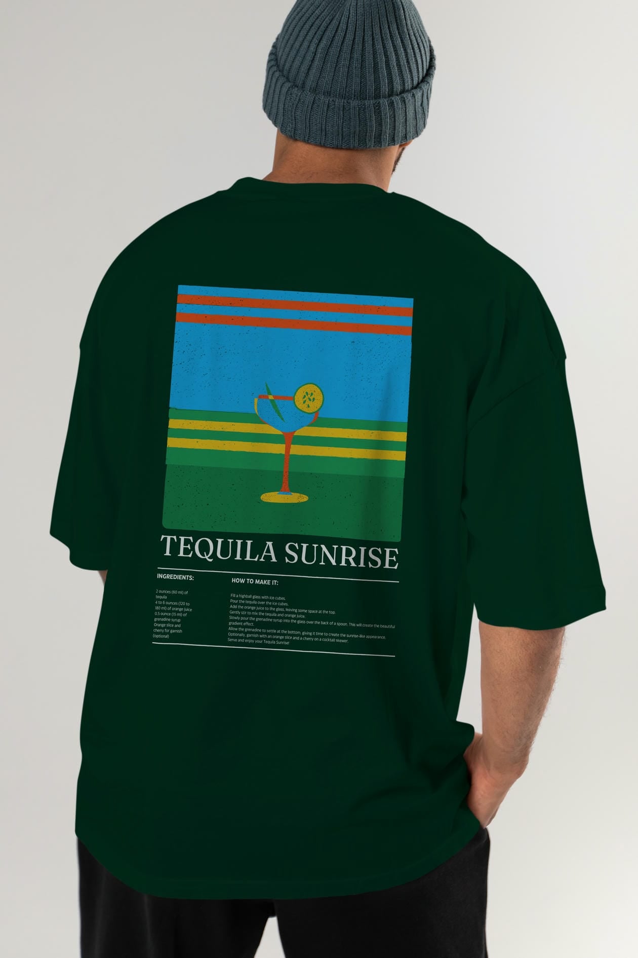 Tequila Sunrise Kokteyl Serisi Arka Baskılı Oversize t-shirt Erkek Kadın %100 Pamuk Bisiklet Yaka tişort