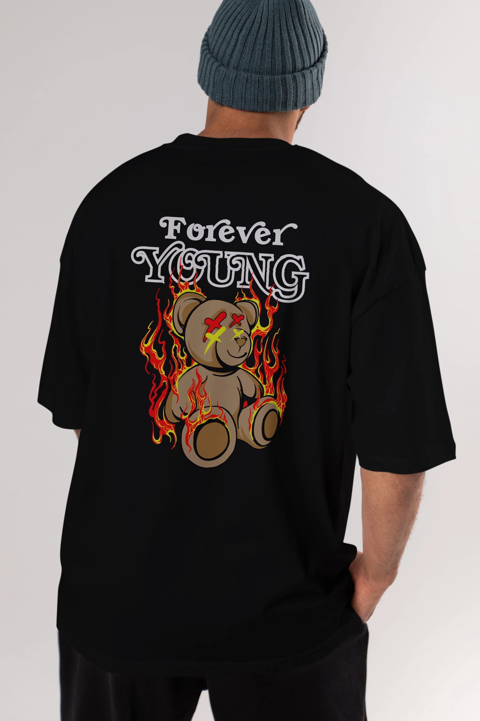 Forever Young Bear Arka Baskılı Oversize t-shirt Erkek Kadın Unisex