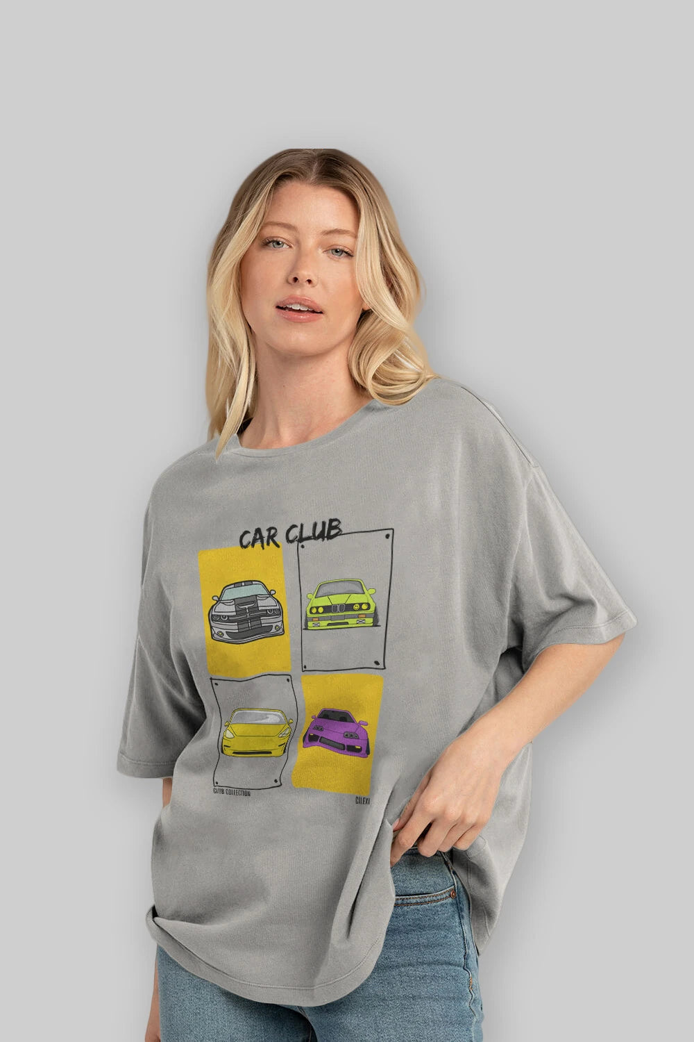 Car Club ön Baskılı Oversize t-shirt Erkek Kadın %100 Pamuk Bisiklet Yaka tişort