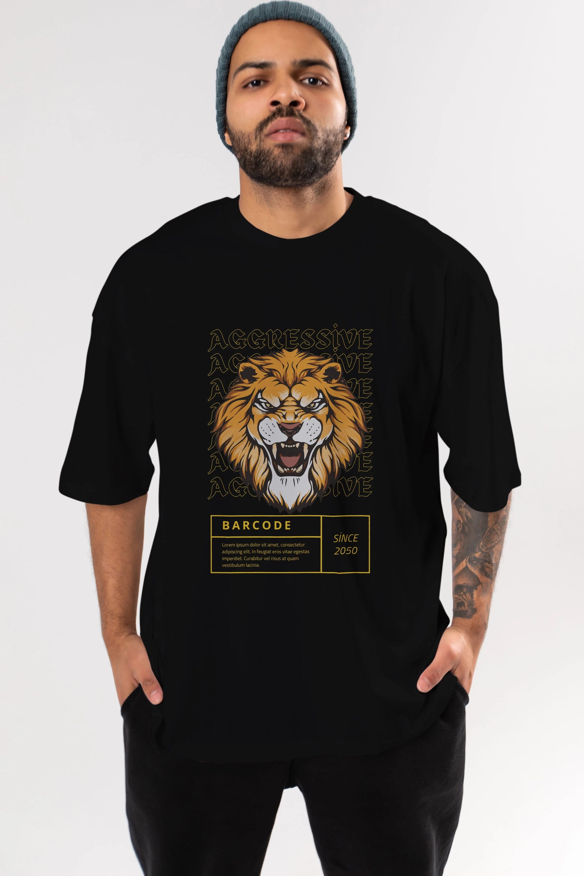 Aggressive Lion Ön Baskılı Oversize t-shirt Erkek Kadın Unisex