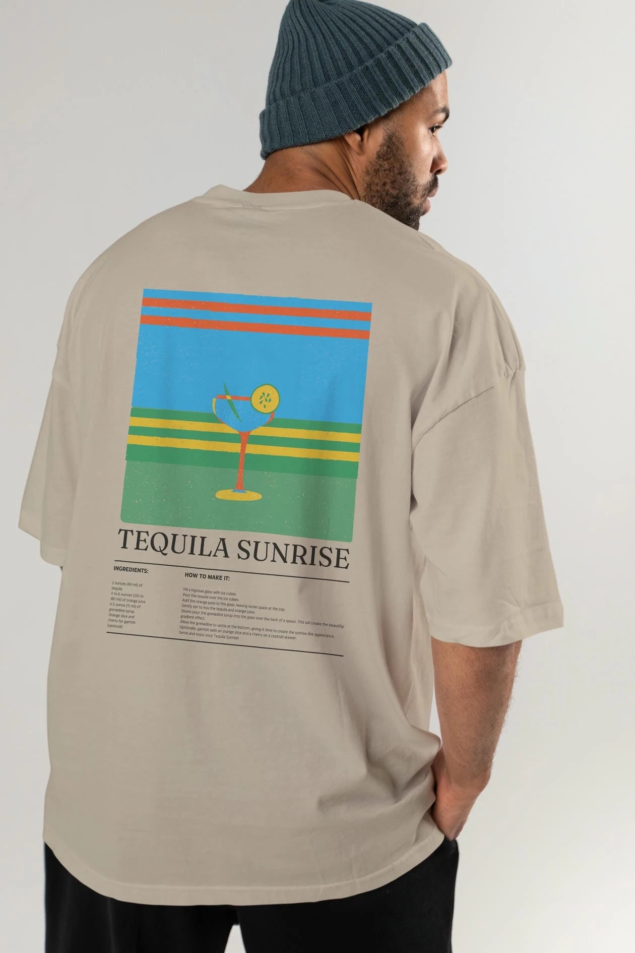 Tequila Sunrise Kokteyl Serisi Arka Baskılı Oversize t-shirt Erkek Kadın %100 Pamuk Bisiklet Yaka tişort