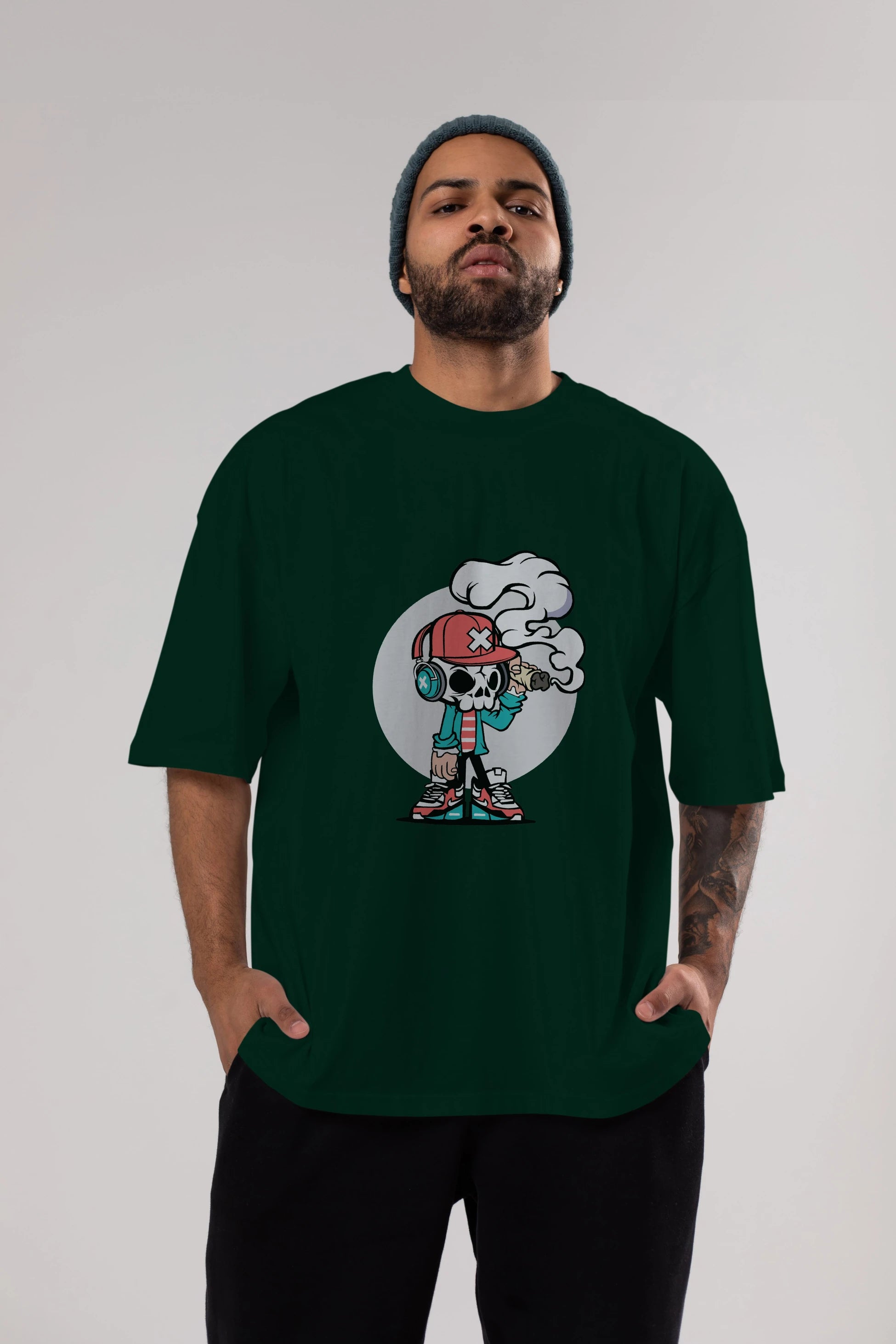 Skull Headphone Ön Baskılı Oversize t-shirt Erkek Kadın Unisex %100 Pamuk tişort
