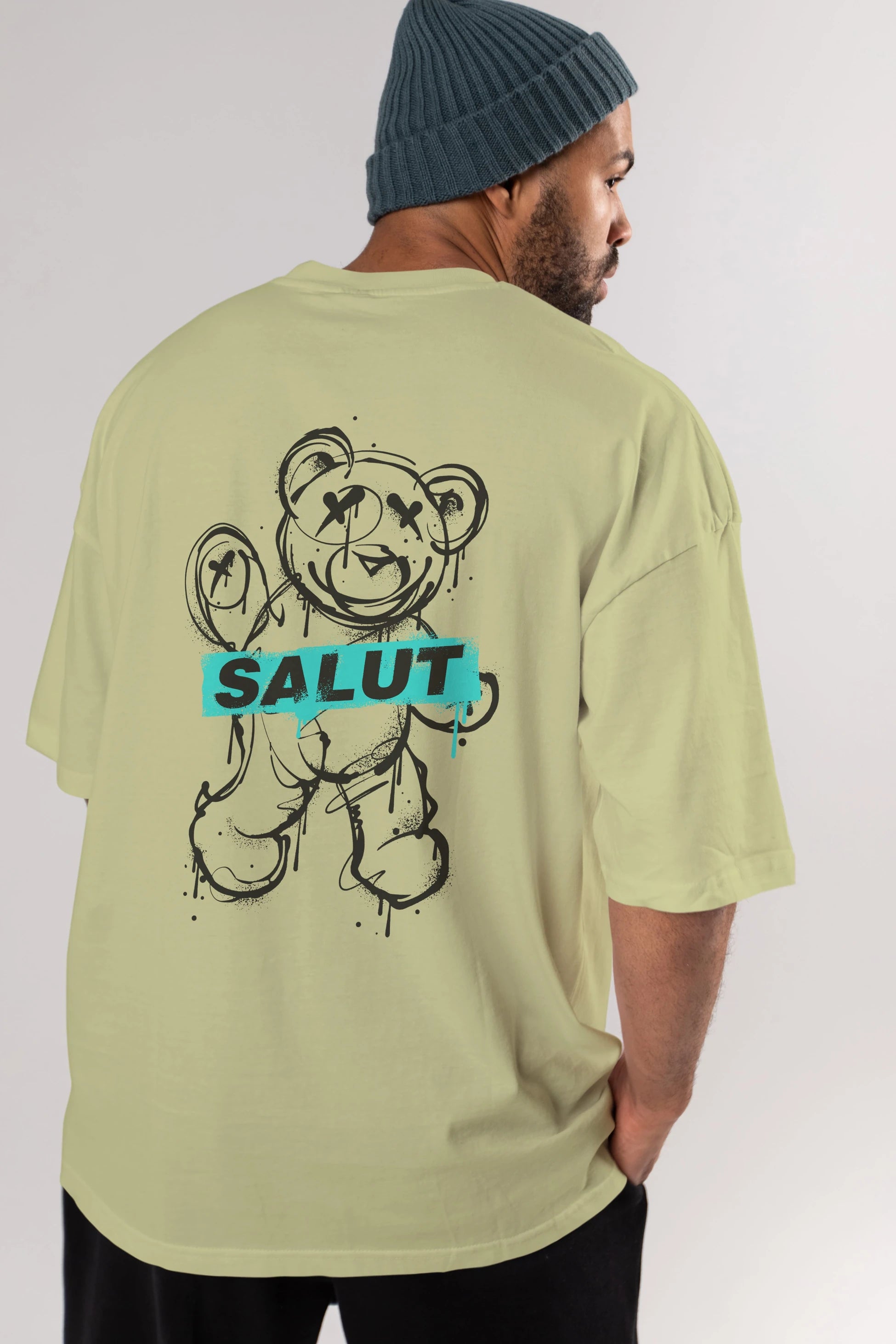 Teddy Bear Salut Arka Baskılı Oversize t-shirt Erkek Kadın Unisex