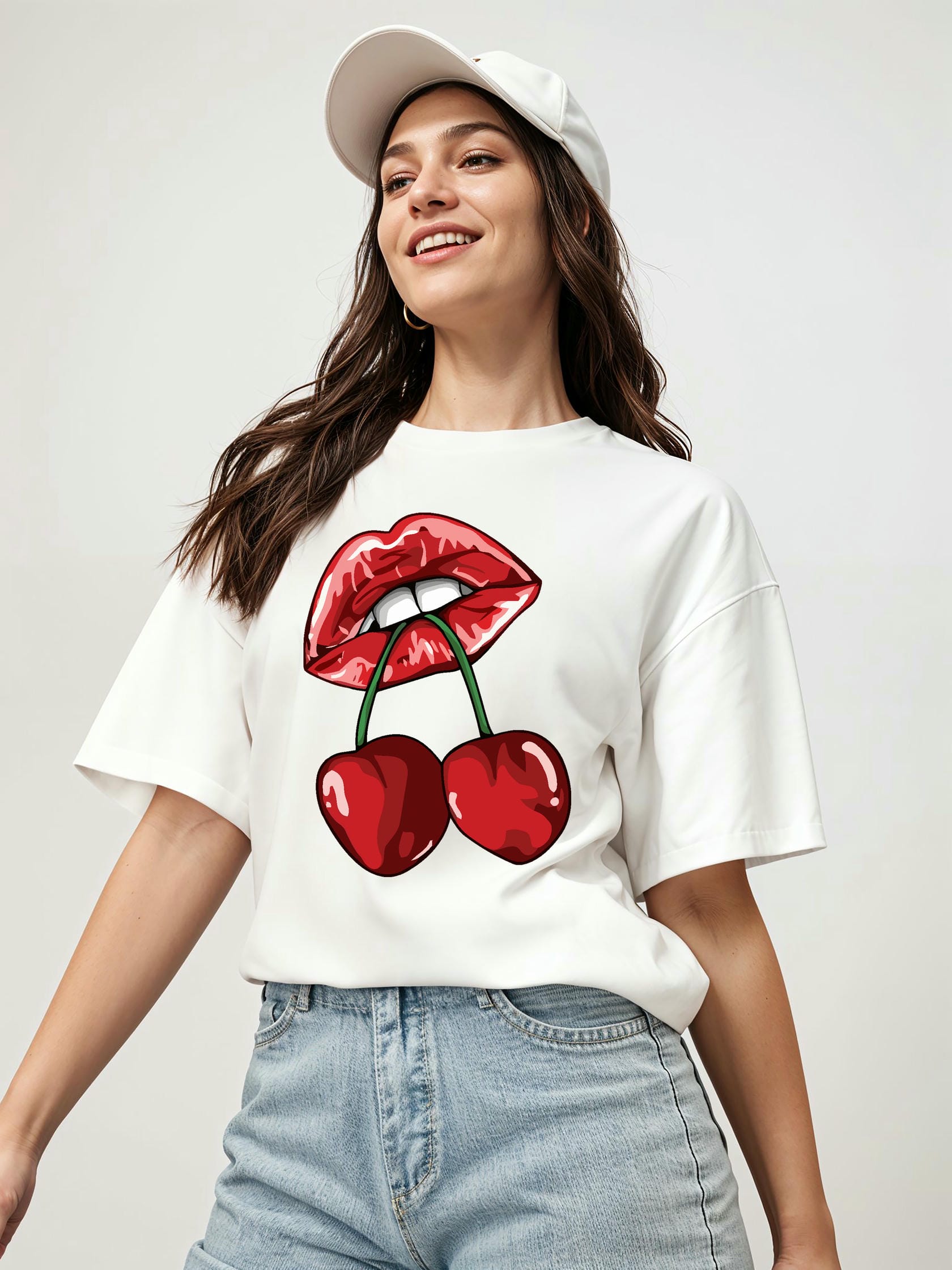 Cherry Cherries 11 Ön Baskılı Oversize t-shirt Erkek Kadın Pamuk Bisiklet Yaka tişort