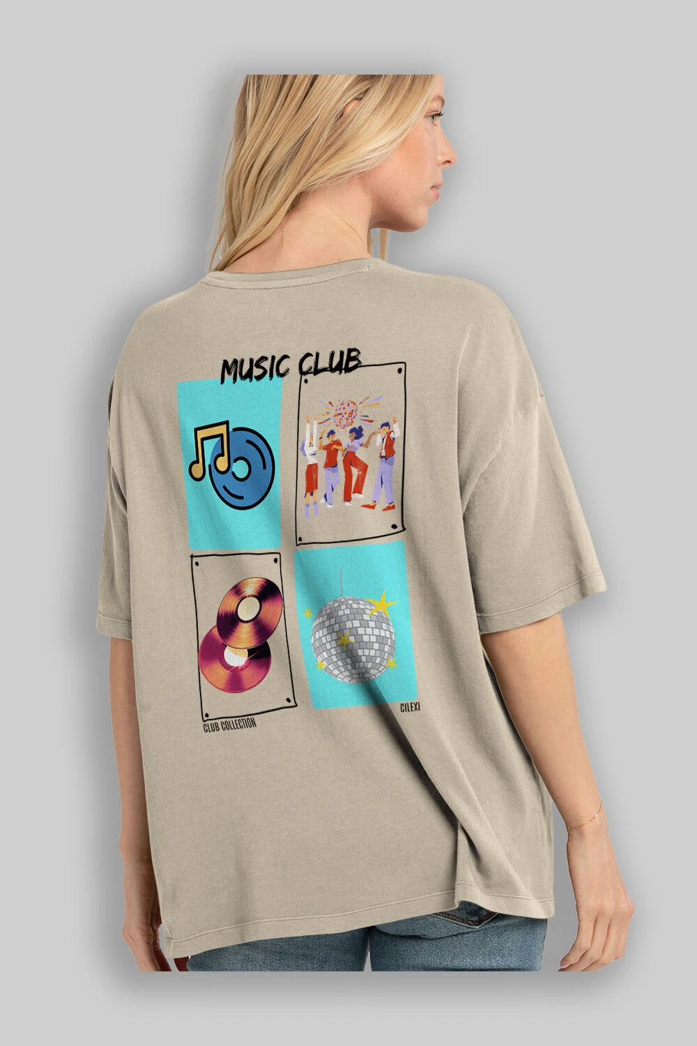 Music Club Arka Baskılı Oversize t-shirt Erkek Kadın %100 Pamuk Bisiklet Yaka tişort