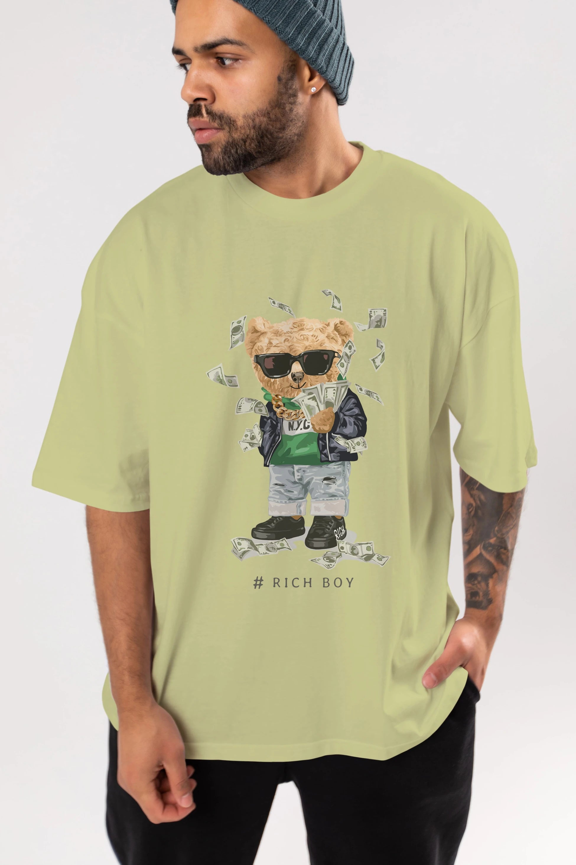 Teddy Bear Rich Boy Ön Baskılı Oversize t-shirt Erkek Kadın Unisex %100 Pamuk
