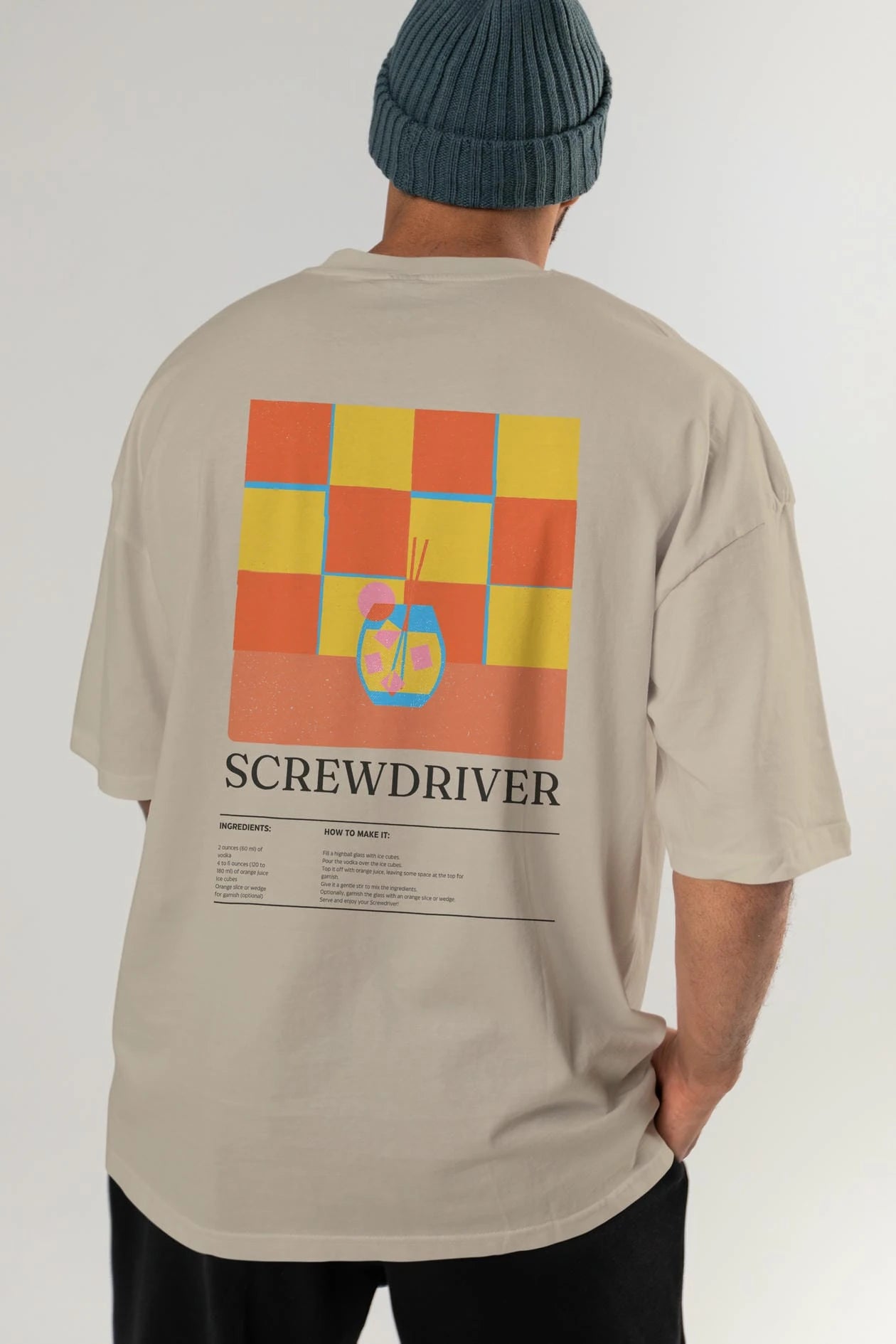 Screwdriver Kokteyl Serisi Arka Baskılı Oversize t-shirt Erkek Kadın %100 Pamuk Bisiklet Yaka tişort