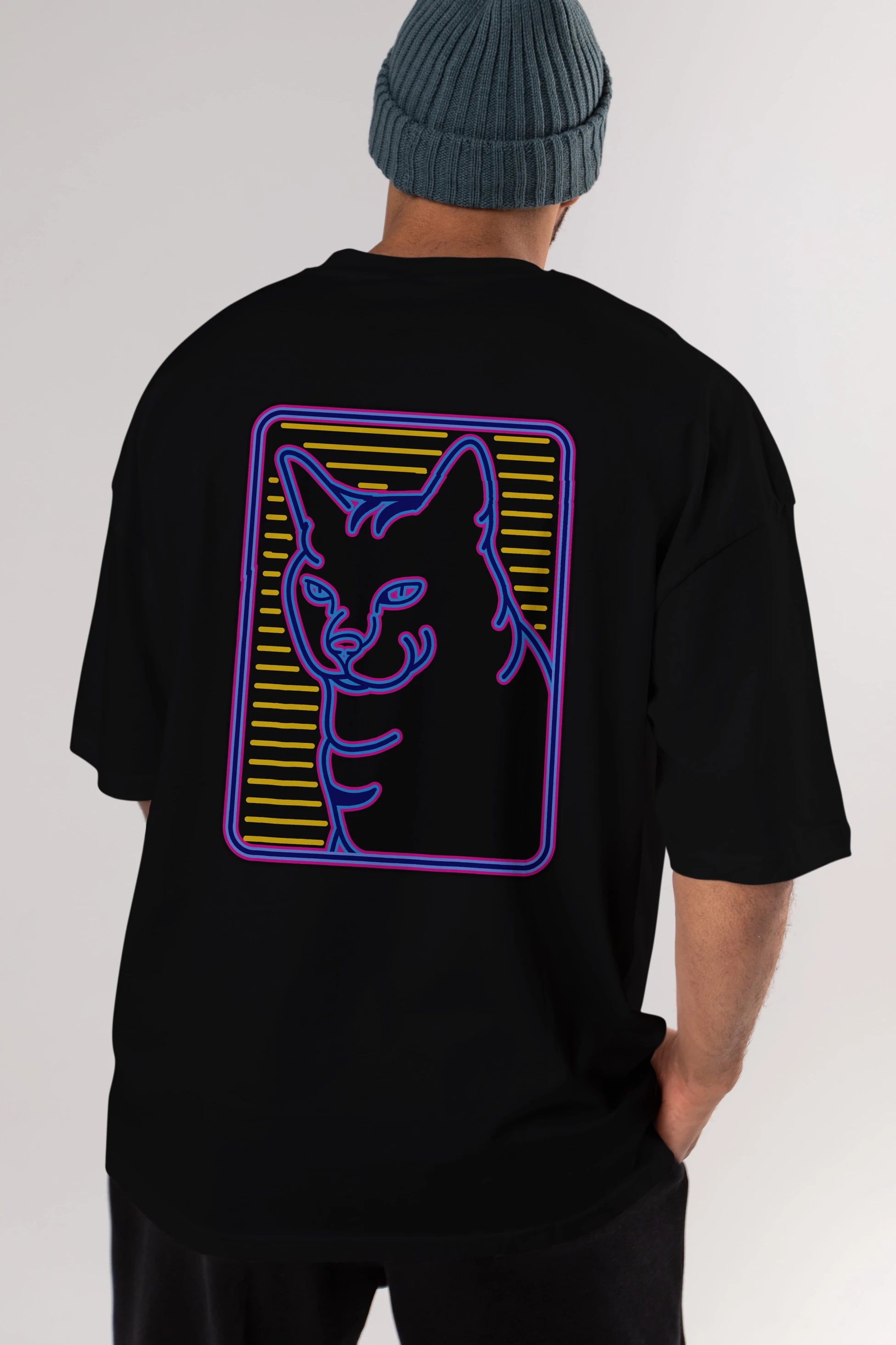 Neon Cat Arka Baskılı Oversize t-shirt Erkek Kadın Unisex