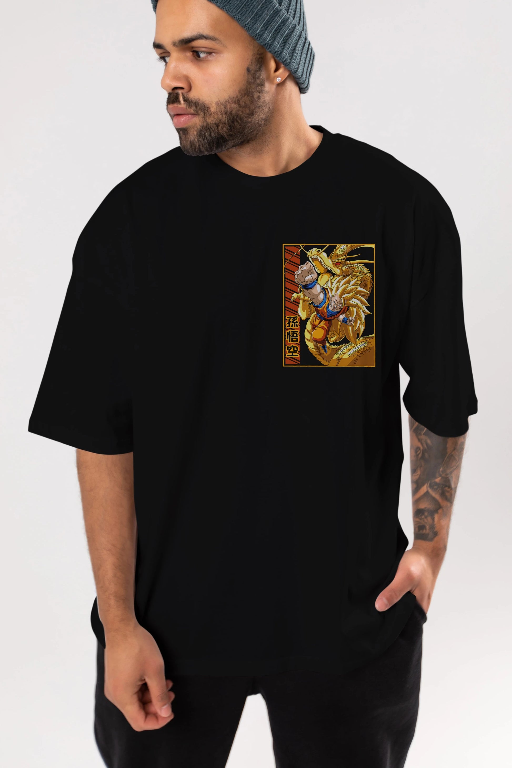 DragonBall Goku Ön Sol Baskılı Oversize t-shirt Erkek Kadın Unisex %100 Pamuk Bisiklet Yaka tişort