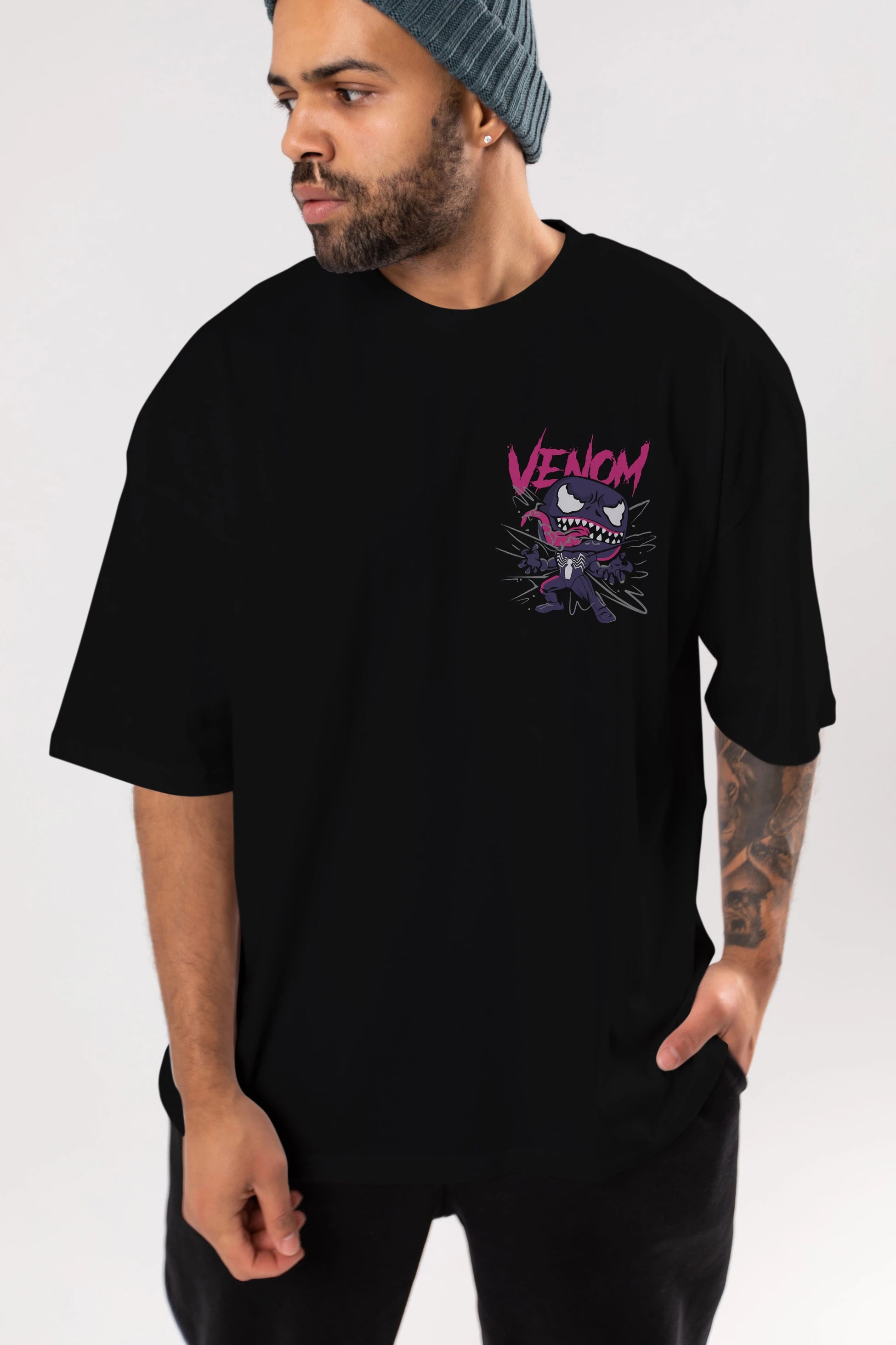Venom (20) Ön Sol Baskılı Oversize t-shirt Erkek Kadın Unisex %100 Pamuk Bisiklet Yaka tişort