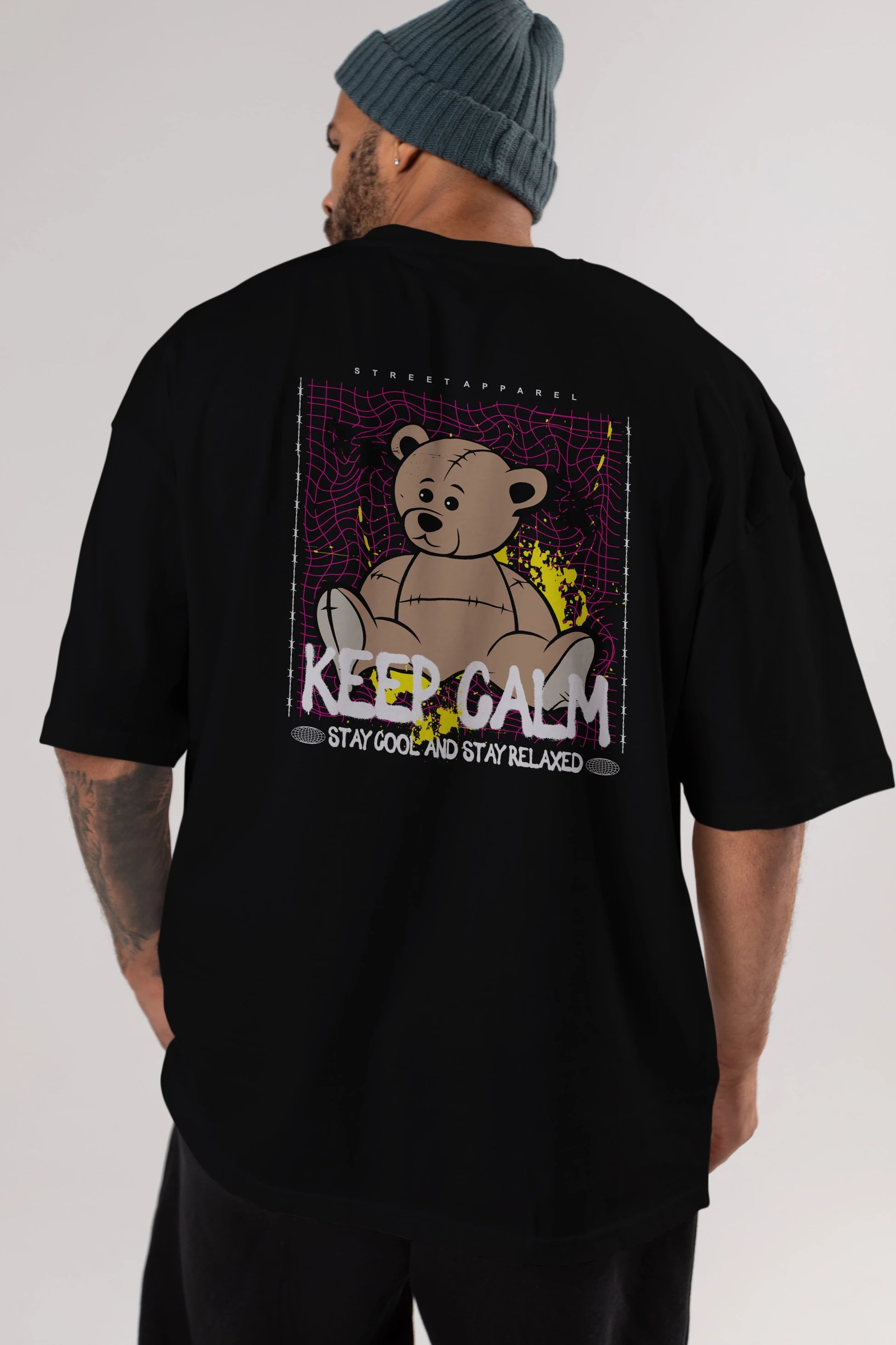 Keep Calm Bear Arka Baskılı Oversize t-shirt Erkek Kadın Unisex