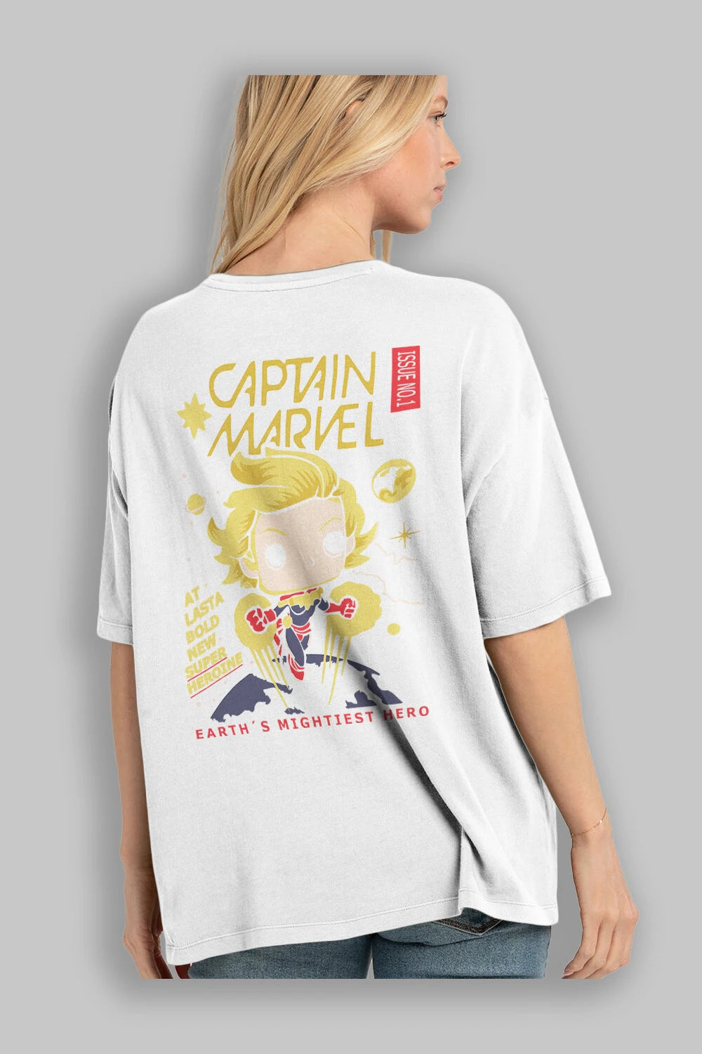 Captain Marvel Arka Baskılı Oversize t-shirt Erkek Kadın Unisex %100 Pamuk Bisiklet Yaka tişort