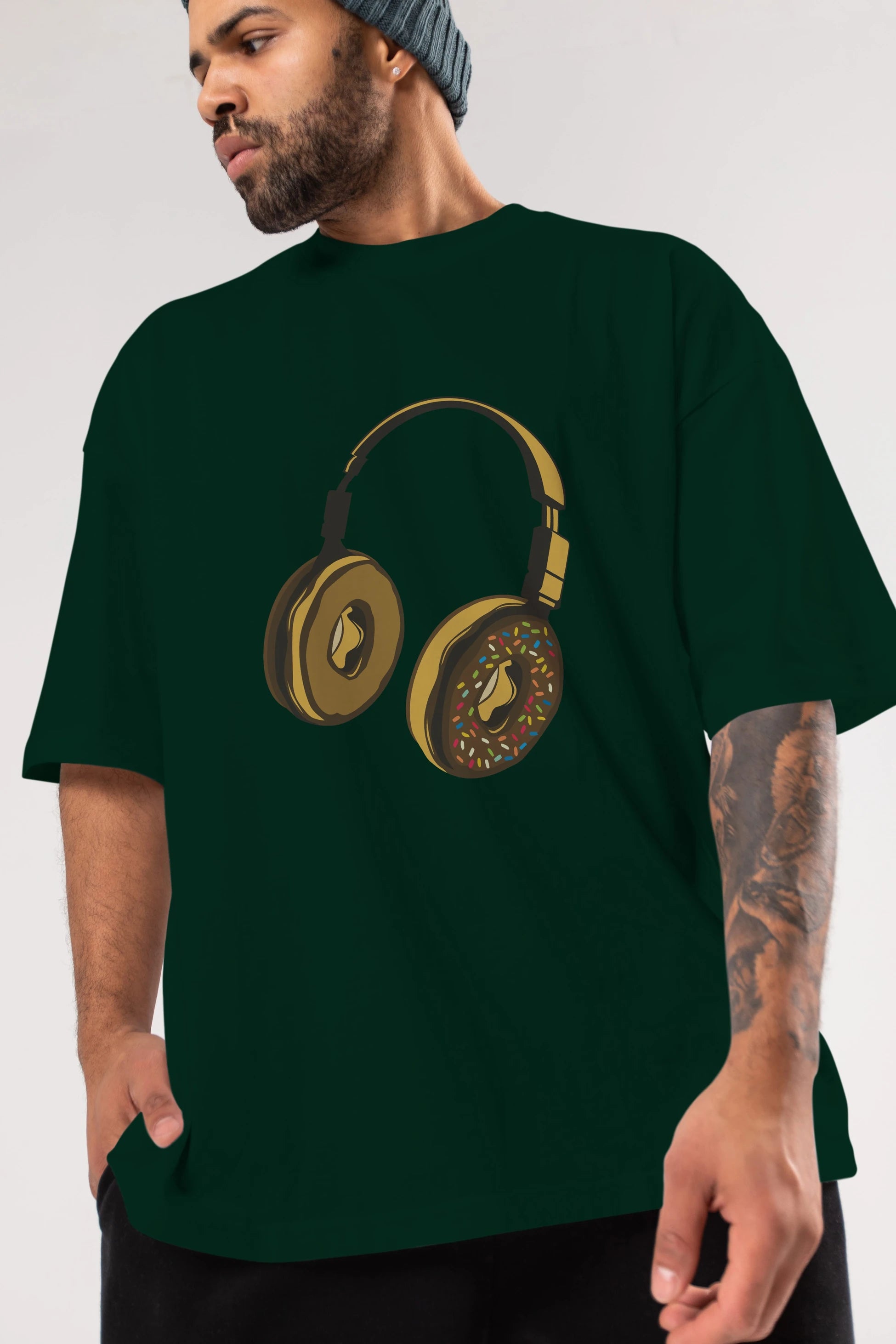 Headphone Donut Ön Baskılı Oversize t-shirt %100 pamuk Erkek Kadın Unisex