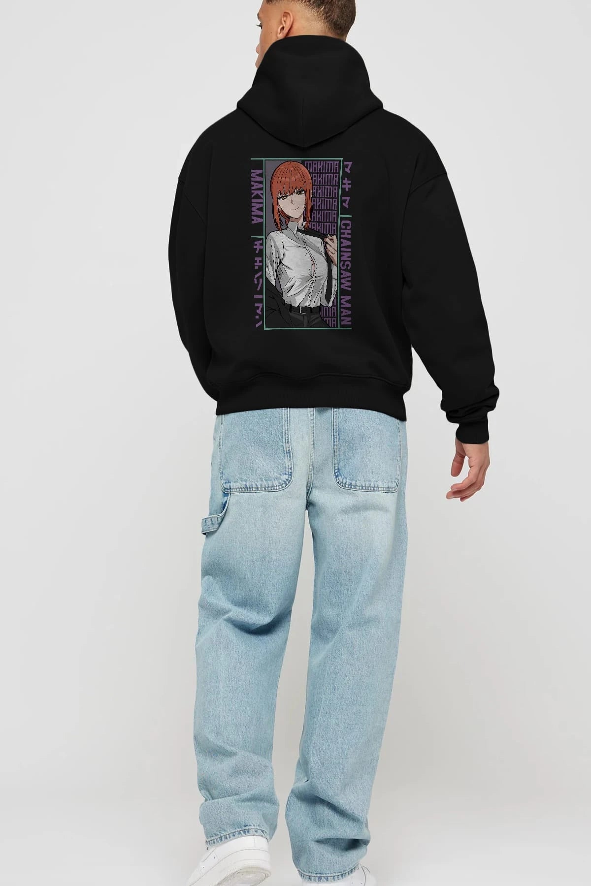 Makima Chain Saw Man Anime Arka Baskılı Hoodie Oversize Kapüşonlu Sweatshirt Erkek Kadın Unisex