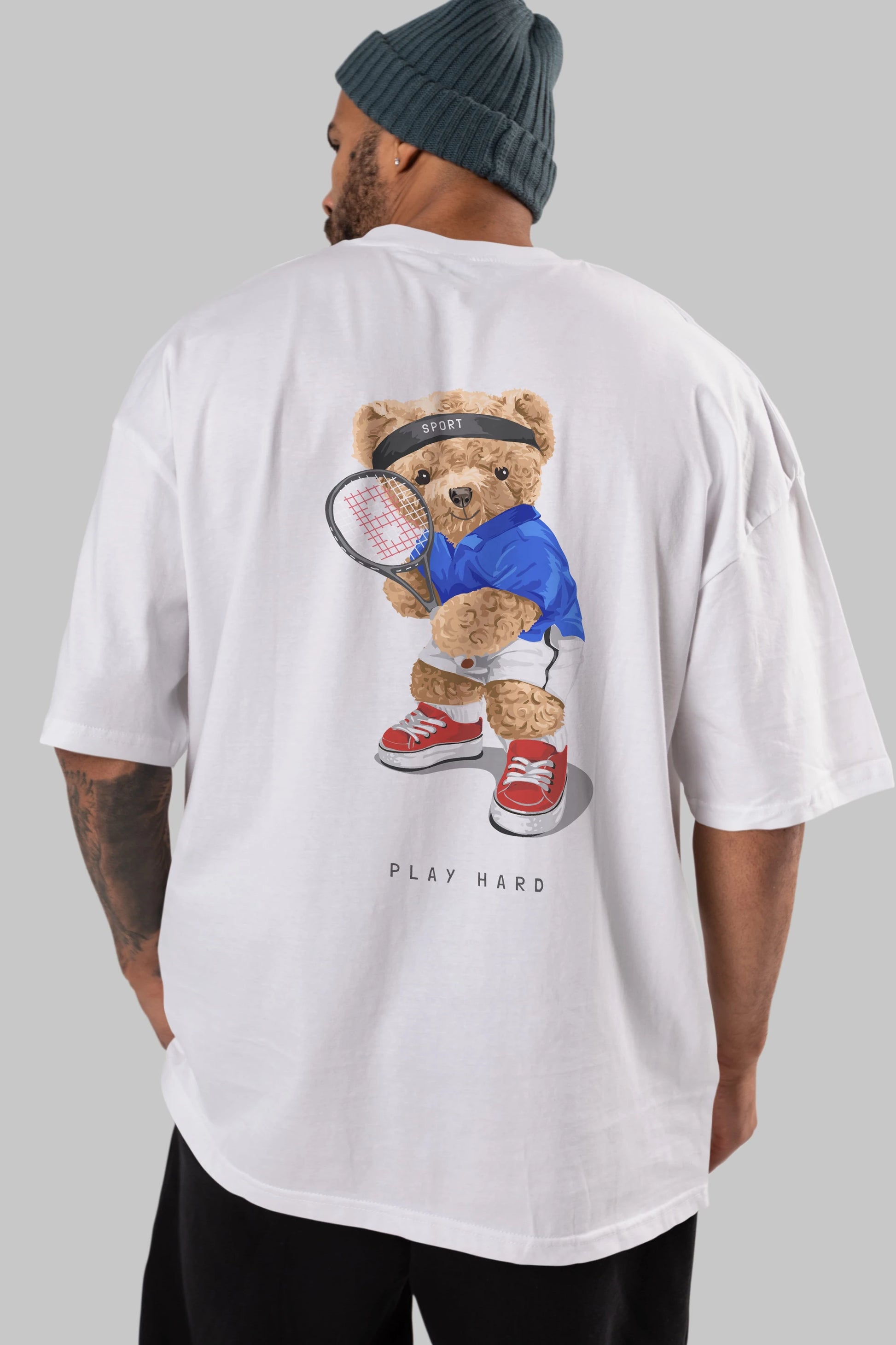 Teddy Bear Play Hard Arka Baskılı Oversize t-shirt Erkek Kadın Unisex %100 Pamuk
