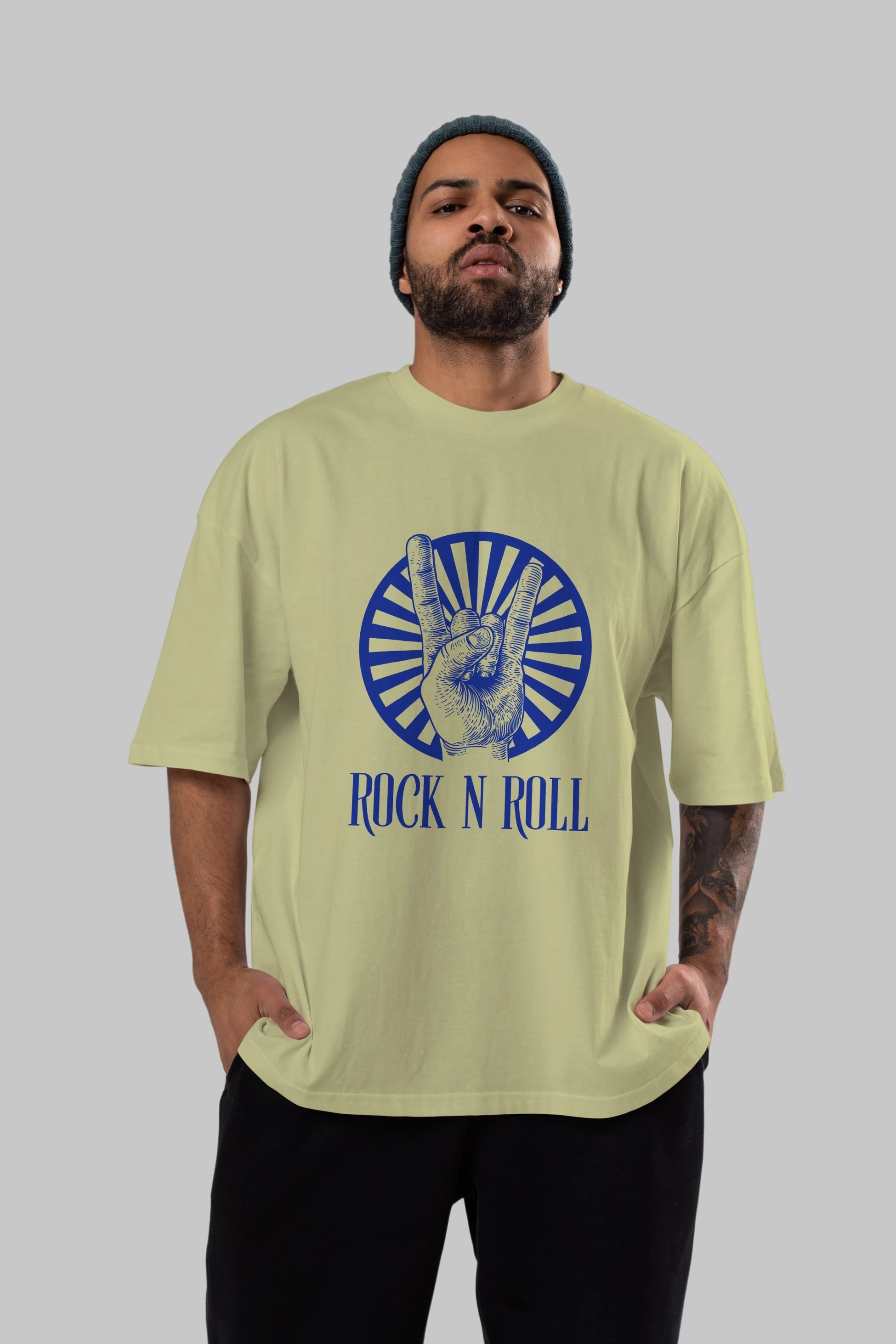 Rock N Roll Yazılı Ön Baskılı Oversize t-shirt Erkek Kadın Unisex