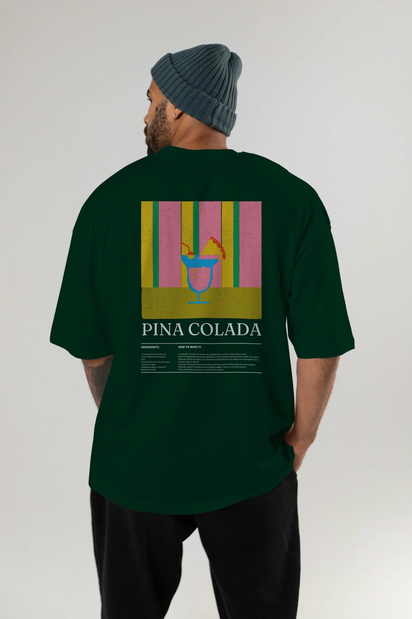 Pina Colada Kokteyl Serisi Arka Baskılı Oversize t-shirt Erkek Kadın %100 Pamuk Bisiklet Yaka tişort