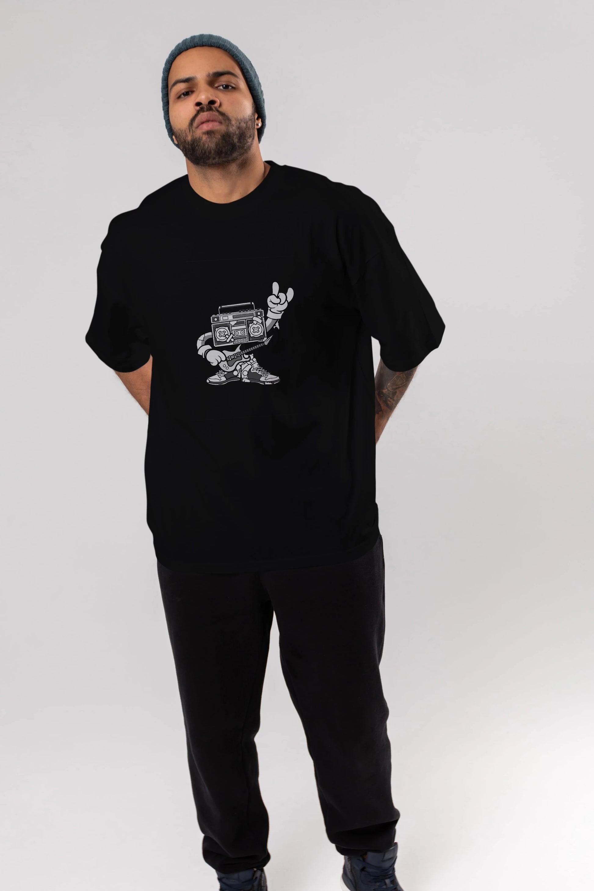 Boombox Rockstar Ön Baskılı Oversize t-shirt Erkek Kadın Unisex %100 Pamuk tişort