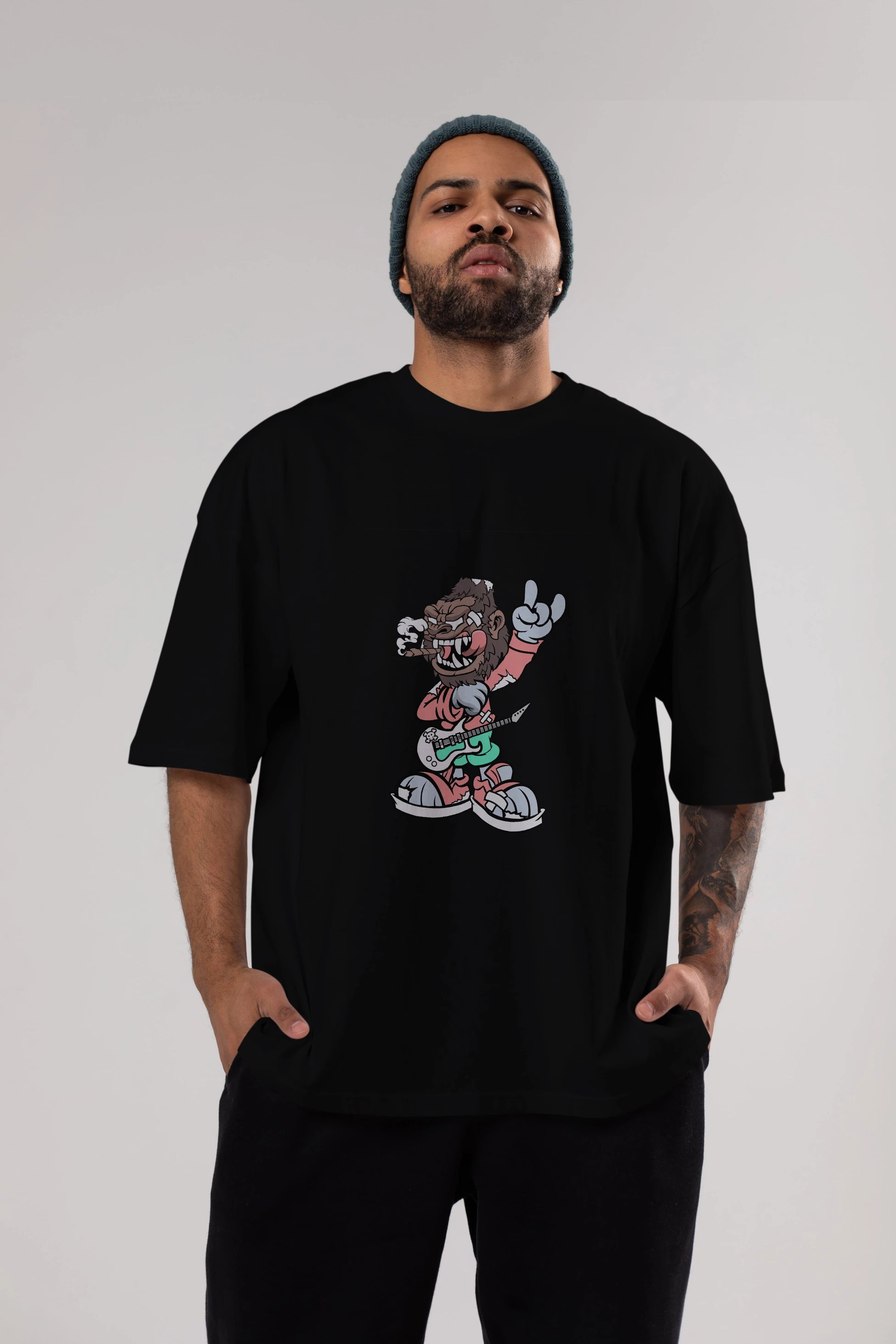 Gorilla Rockstar Ön Baskılı Oversize t-shirt Erkek Kadın Unisex %100 Pamuk tişort