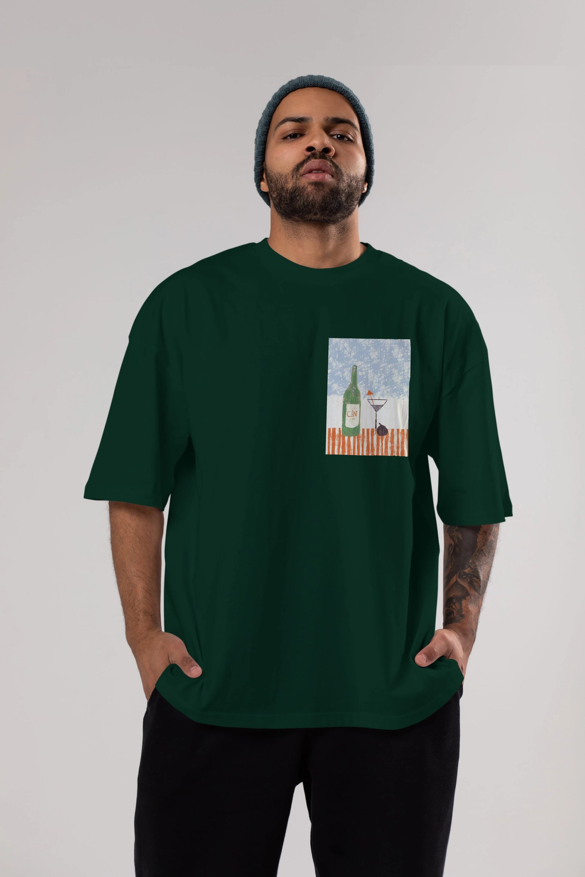Gin Ön Sol Baskılı Oversize t-shirt Erkek Kadın Unisex %100 Pamuk Bisiklet Yaka tişort