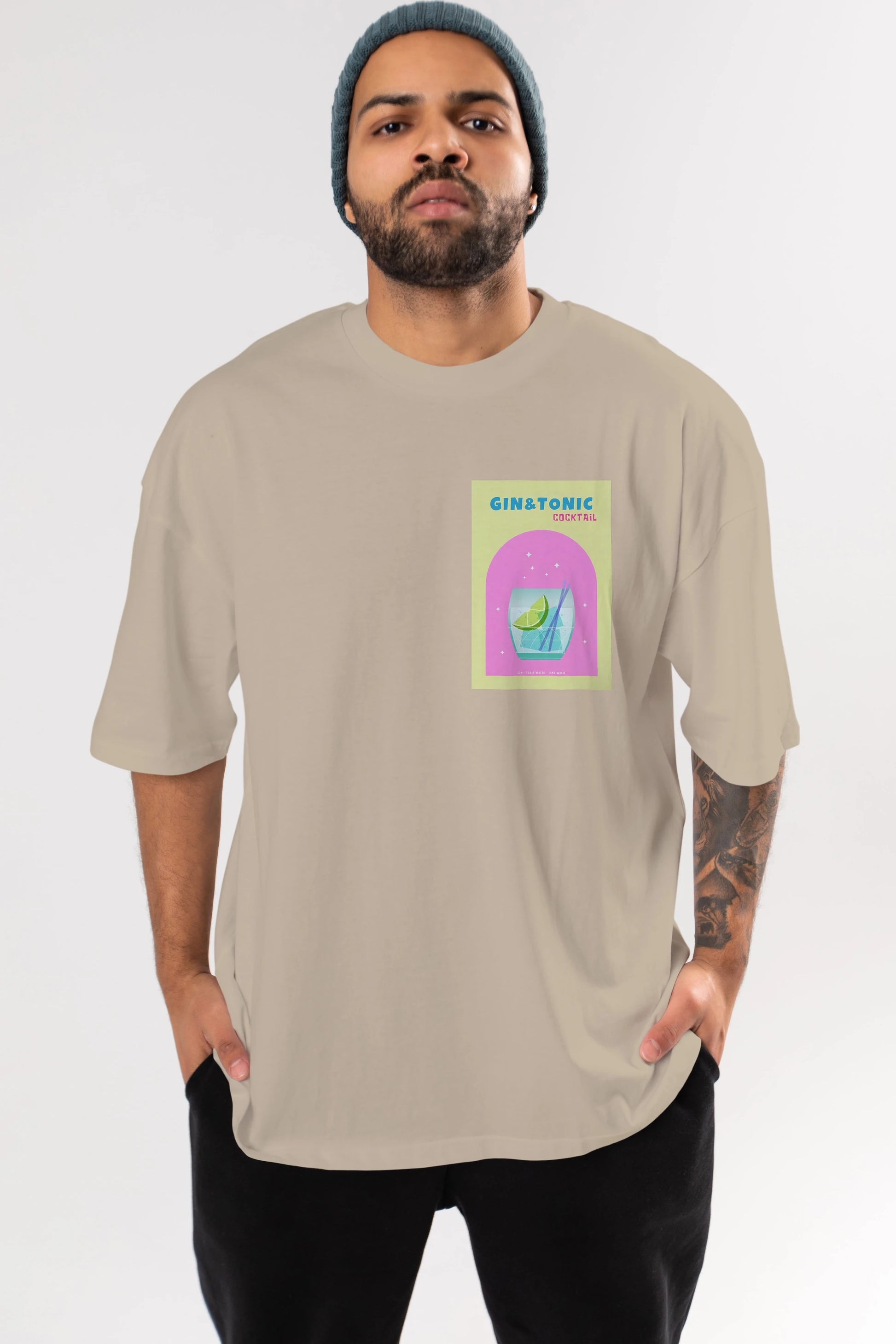 Gin Tonic Cocktail Ön Sol Baskılı Oversize t-shirt Erkek Kadın Unisex %100 Pamuk Bisiklet Yaka tişort