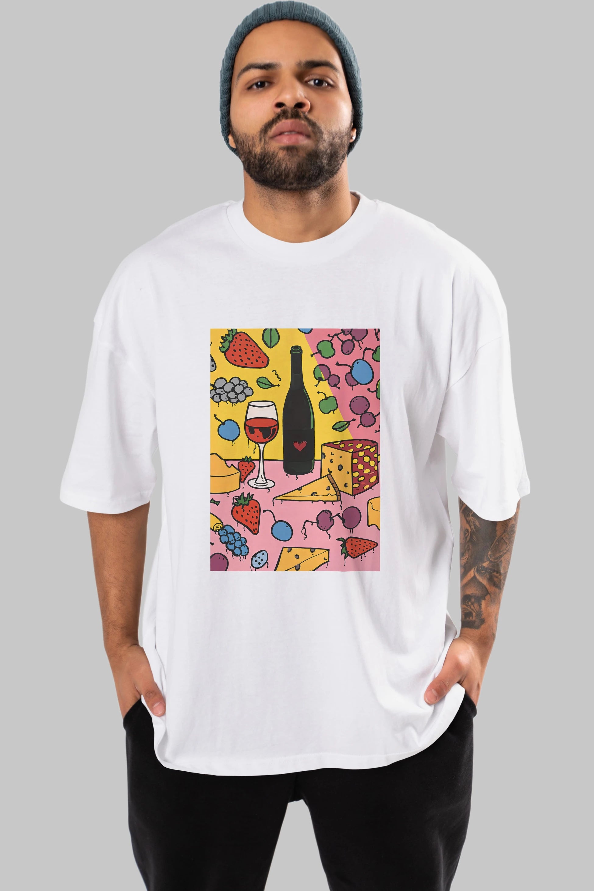Wine Cheese Fruits Ön Baskılı Oversize t-shirt Erkek Kadın Unisex %100 Pamuk Bisiklet Yaka tişort