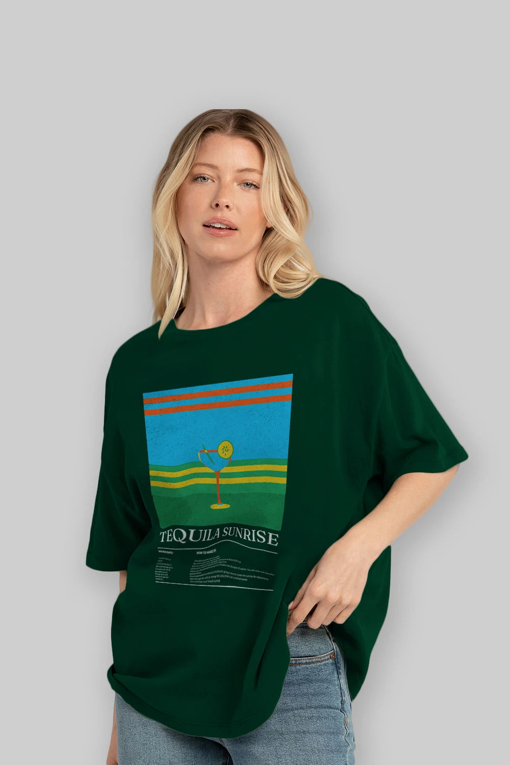 Tequila Sunrise Kokteyl Ön Baskılı Oversize t-shirt Erkek Kadın %100 Pamuk Bisiklet Yaka tişort