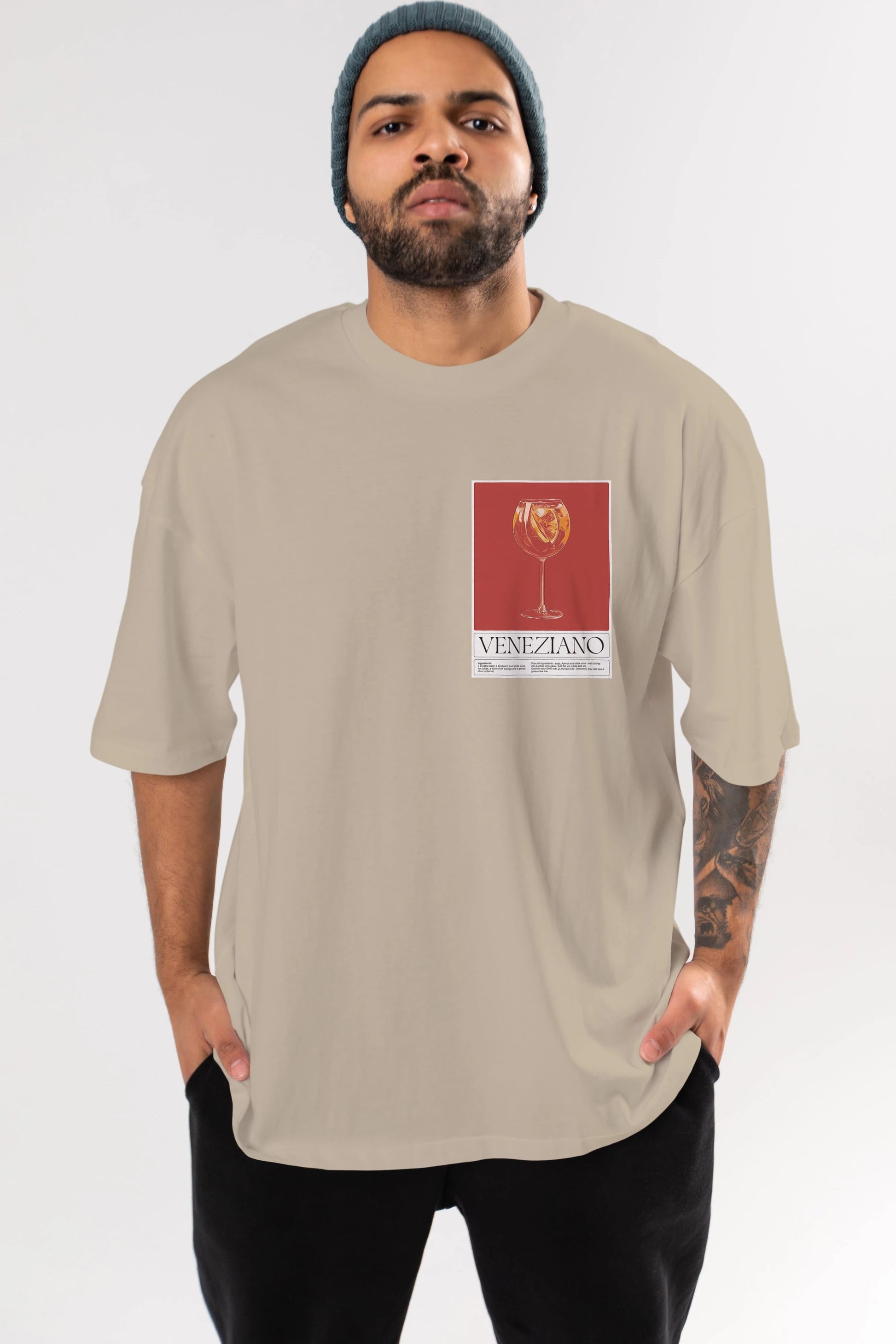 Veneziano Ön Sol Baskılı Oversize t-shirt Erkek Kadın Unisex %100 Pamuk Bisiklet Yaka tişort