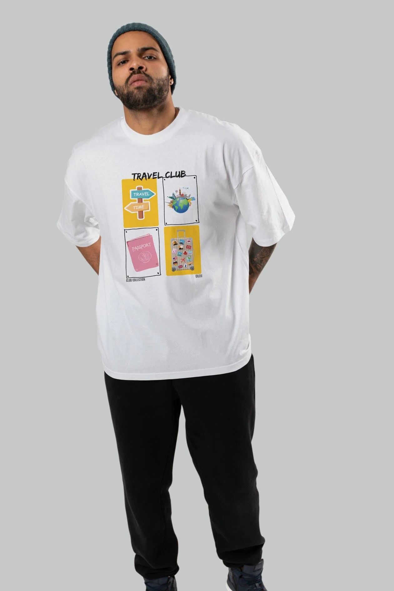 Travel Club ön Baskılı Oversize t-shirt Erkek Kadın %100 Pamuk Bisiklet Yaka tişort
