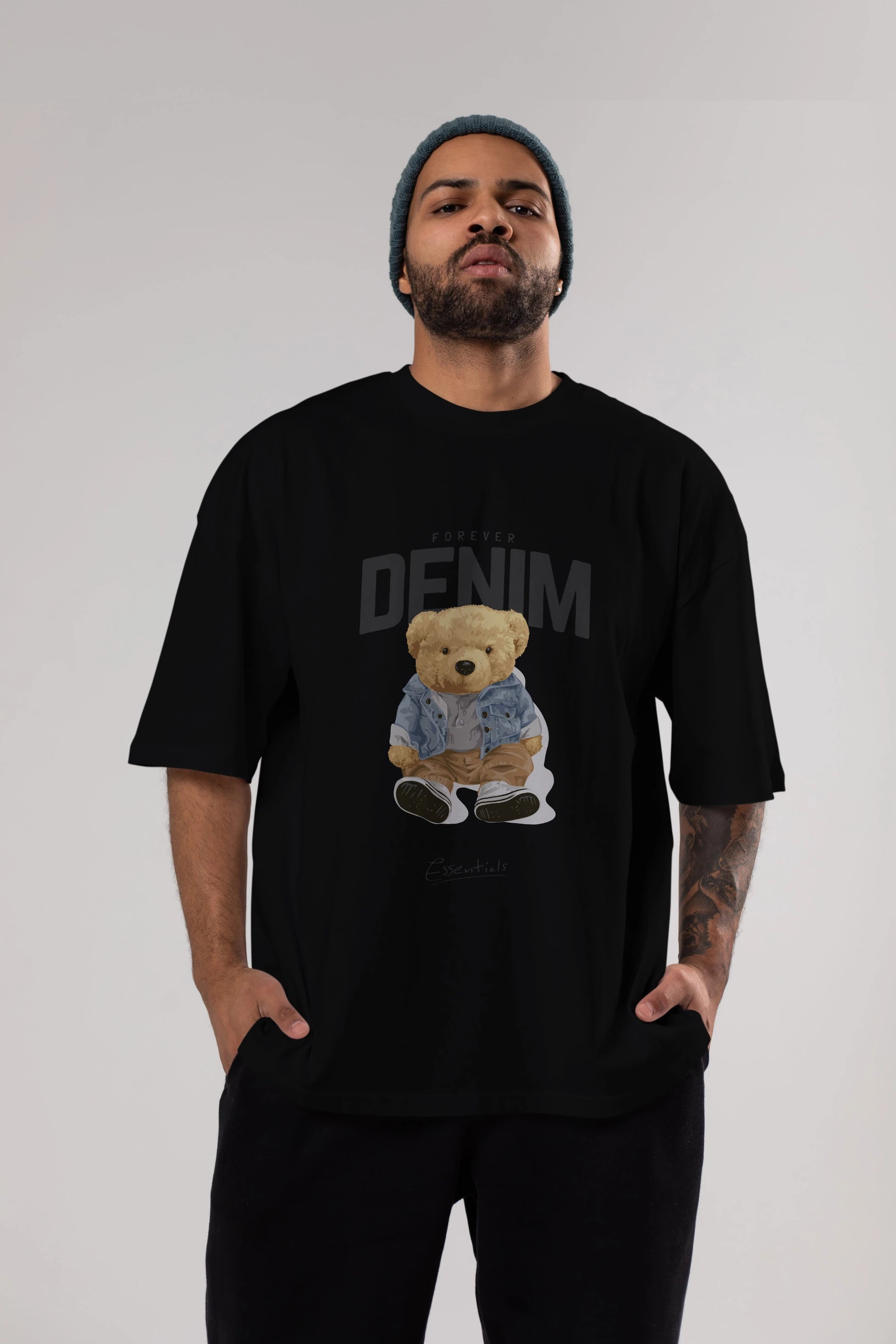 Teddy Bear Forever Denim Ön Baskılı Oversize t-shirt Erkek Kadın Unisex %100 Pamuk