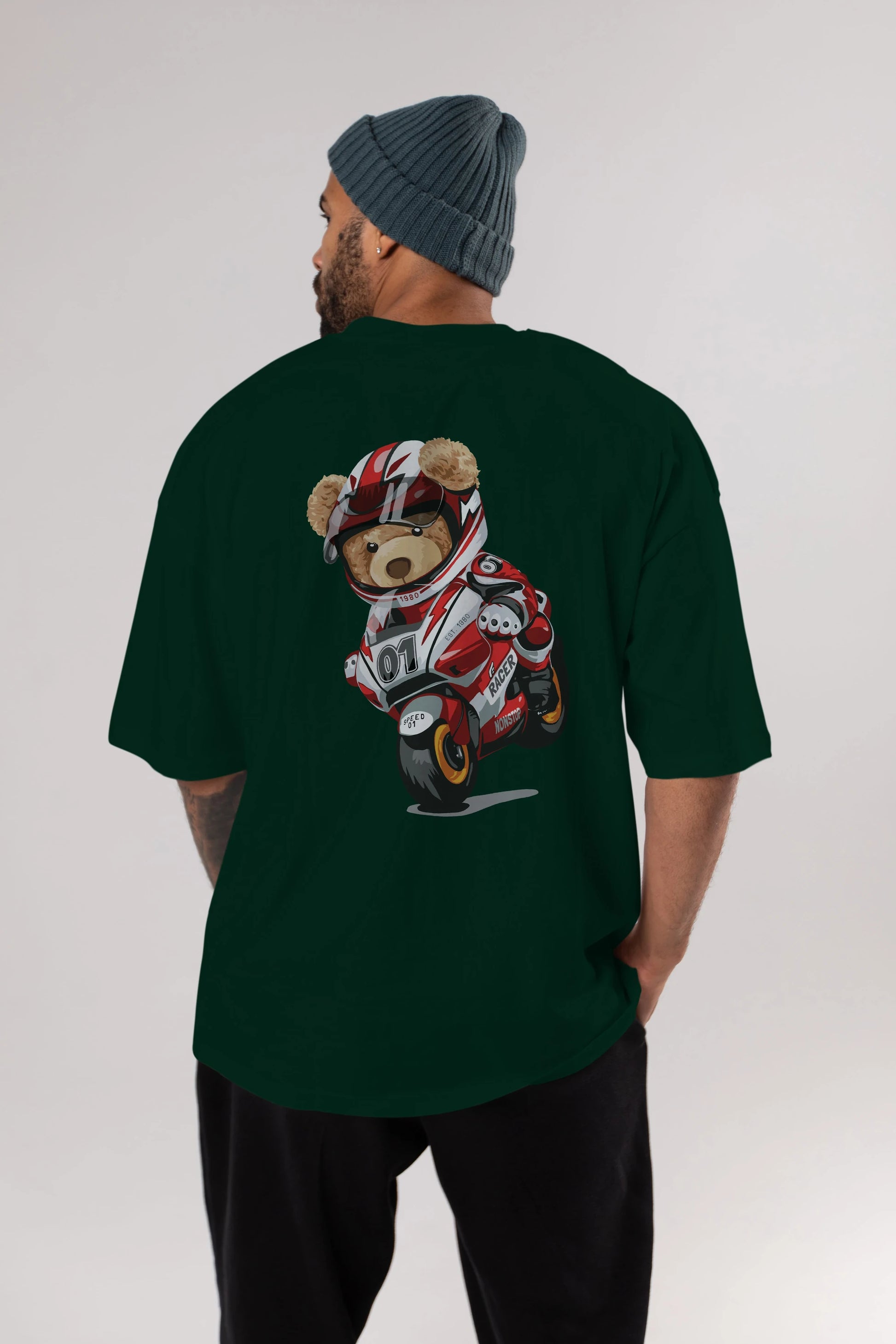 Teddy Bear Racer Arka Baskılı Oversize t-shirt Erkek Kadın Unisex %100 Pamuk