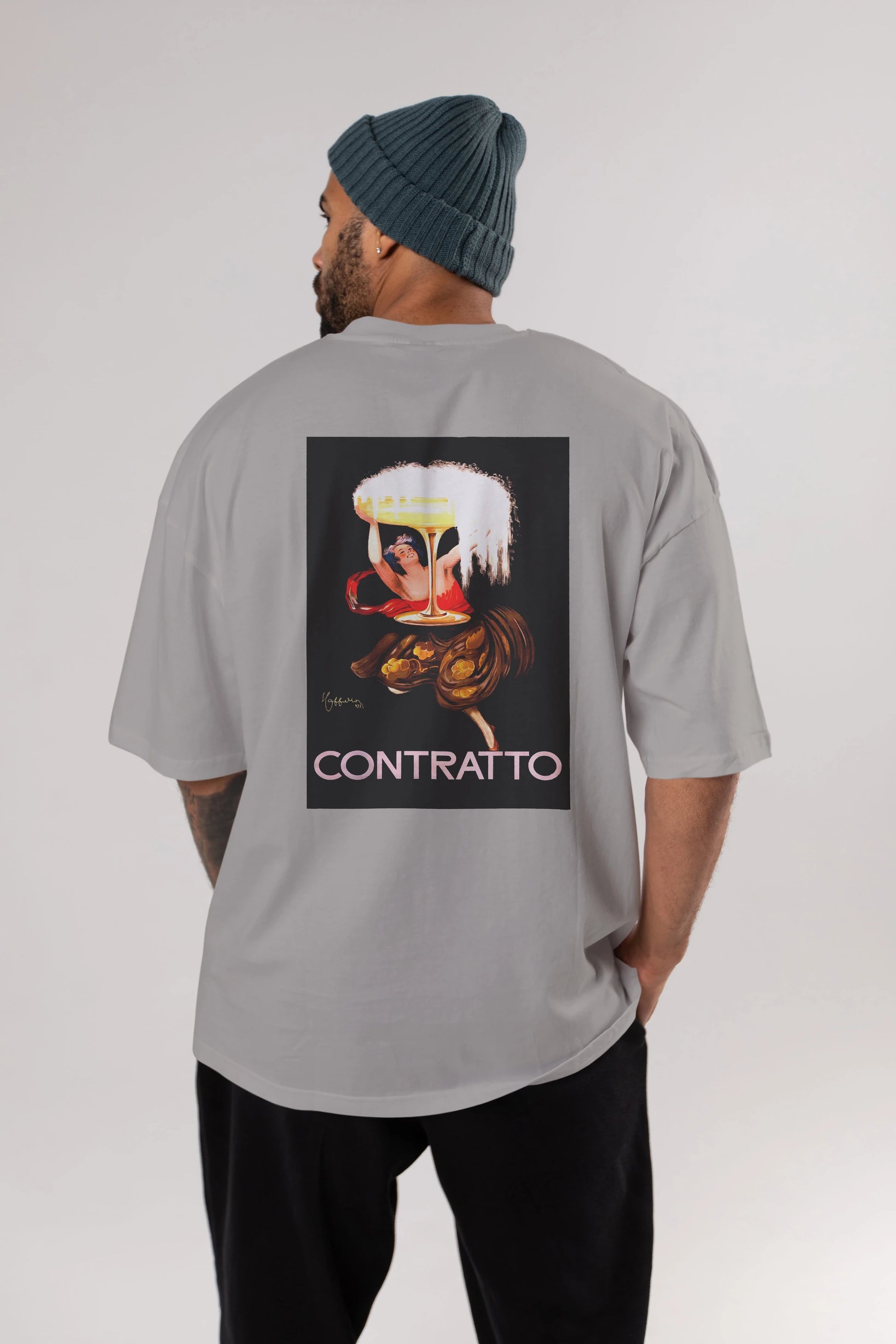 Contratto Arka Baskılı Oversize t-shirt Erkek Kadın Unisex %100 Pamuk Bisiklet Yaka tişort