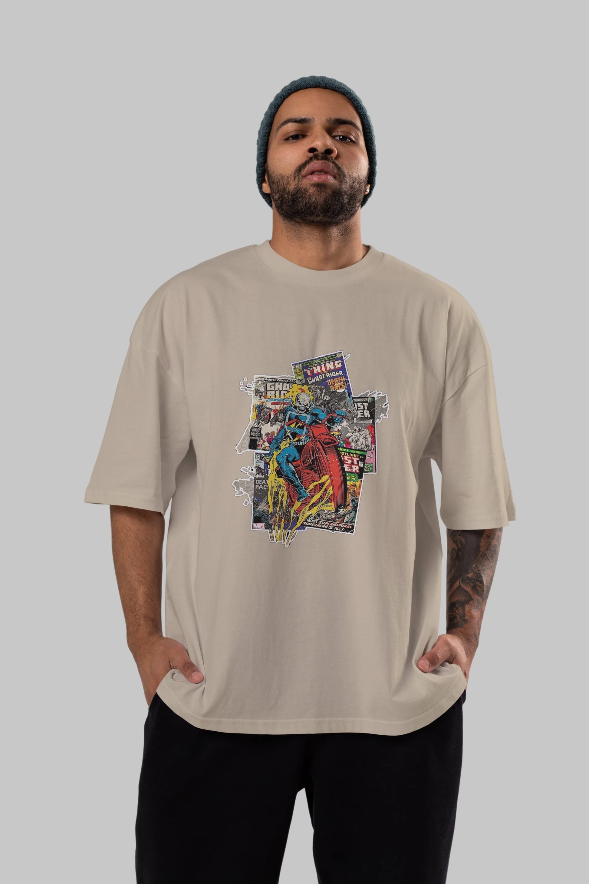 Ghost Rider Ön Baskılı Oversize t-shirt Erkek Kadın Unisex %100 Pamuk Bisiklet Yaka tişort