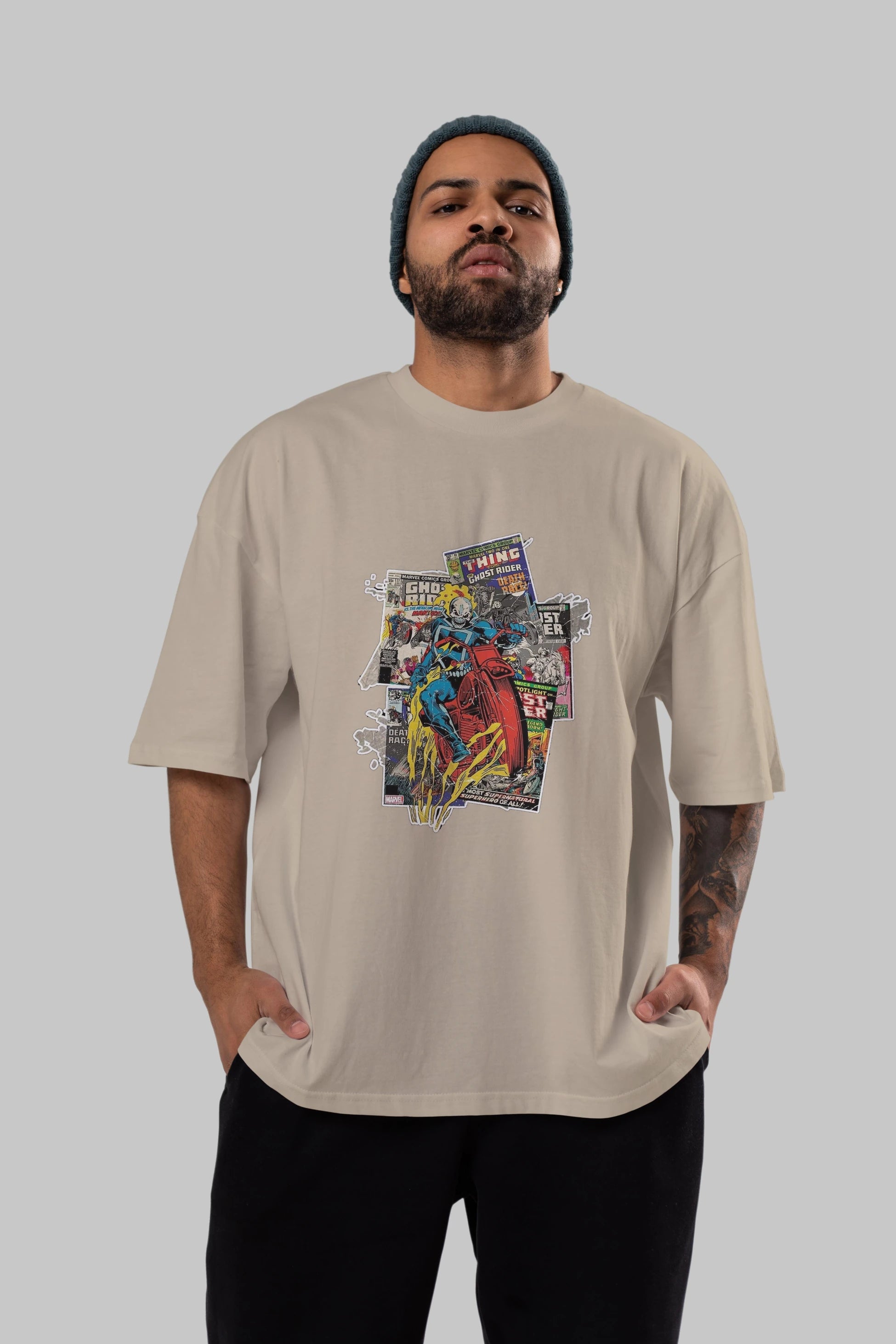 Ghost Rider Ön Baskılı Oversize t-shirt Erkek Kadın Unisex %100 Pamuk Bisiklet Yaka tişort