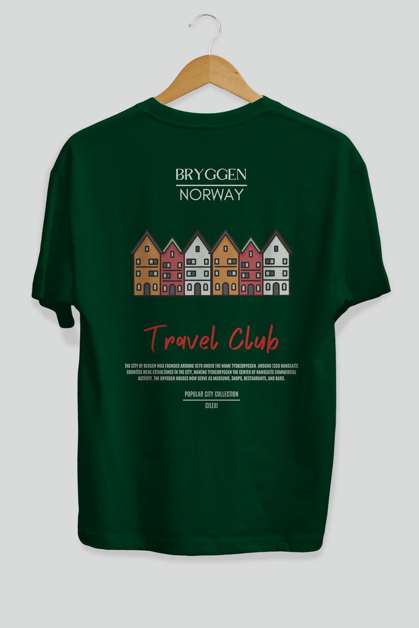 Bryggen Norway Arka Baskılı Oversize t-shirt Erkek Kadın Pamuk Bisiklet Yaka tişort