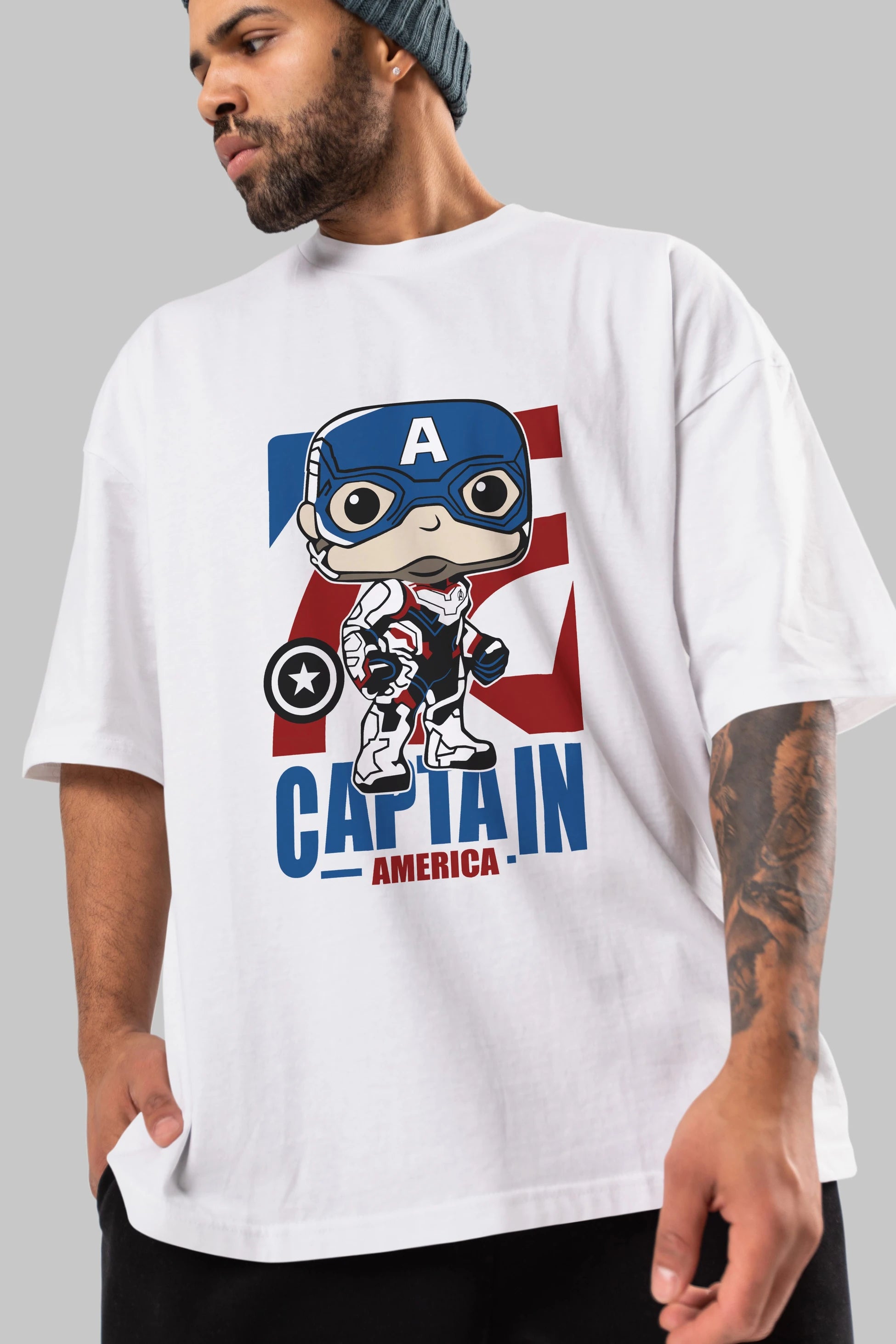Captain America Ön Baskılı Oversize t-shirt Erkek Kadın Unisex %100 Pamuk Bisiklet Yaka tişort