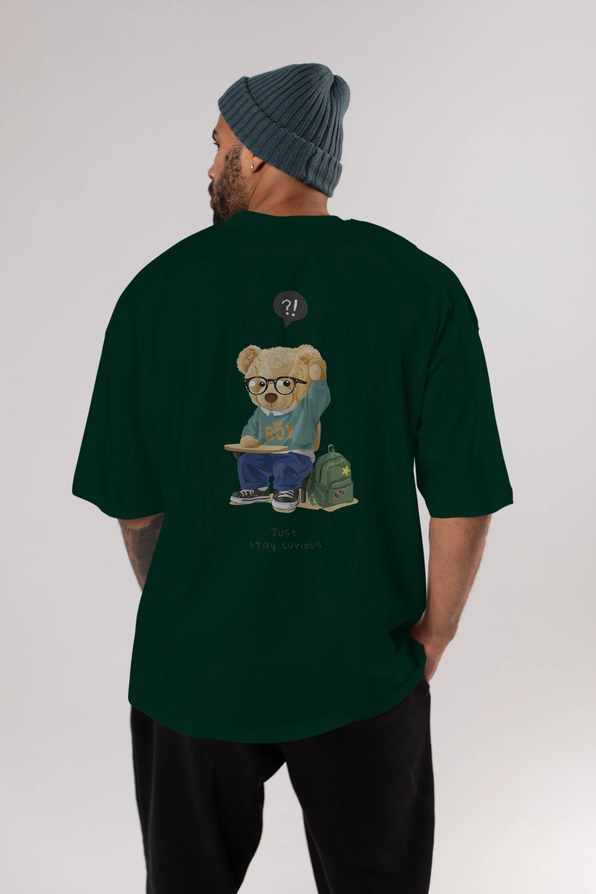 Teddy Bear Just Stay Curious Arka Baskılı Oversize t-shirt Erkek Kadın Unisex %100 Pamuk