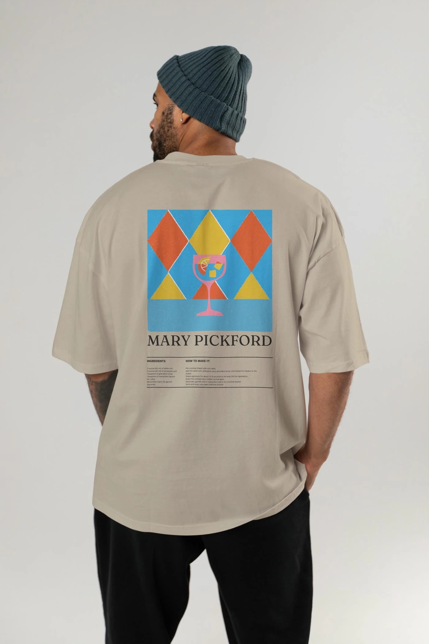 Mary Pickford Kokteyl Serisi Arka Baskılı Oversize t-shirt Erkek Kadın %100 Pamuk Bisiklet Yaka tişort