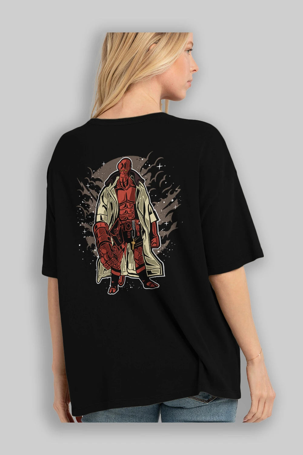Hellboy Arka Baskılı Oversize t-shirt Erkek Kadın Unisex %100 Pamuk