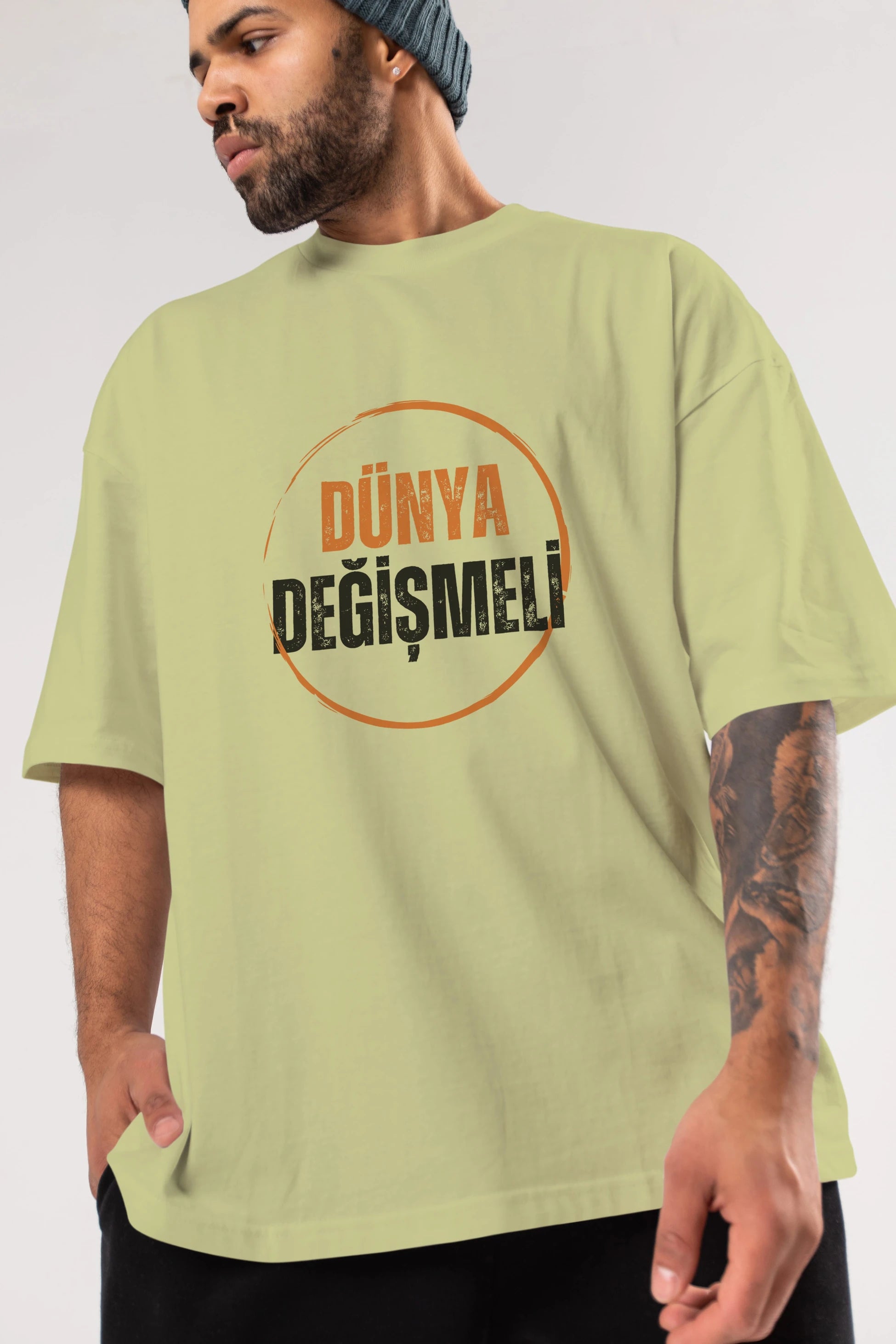 Dünya Değişmeli Yazılı Ön Baskılı Oversize t-shirt Erkek Kadın Unisex