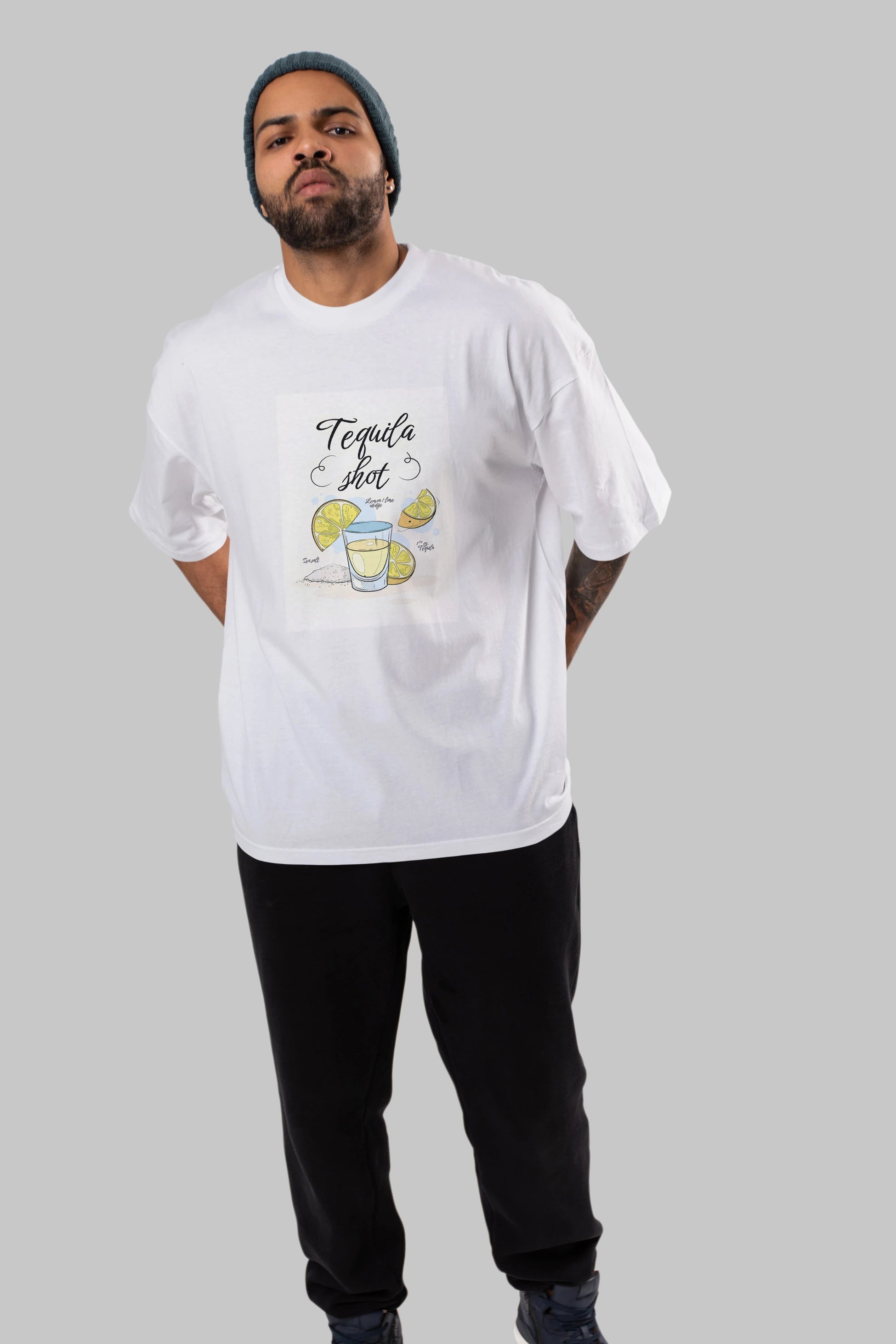 Tequila Shot Ön Baskılı Oversize t-shirt Erkek Kadın Unisex %100 Pamuk Bisiklet Yaka tişort