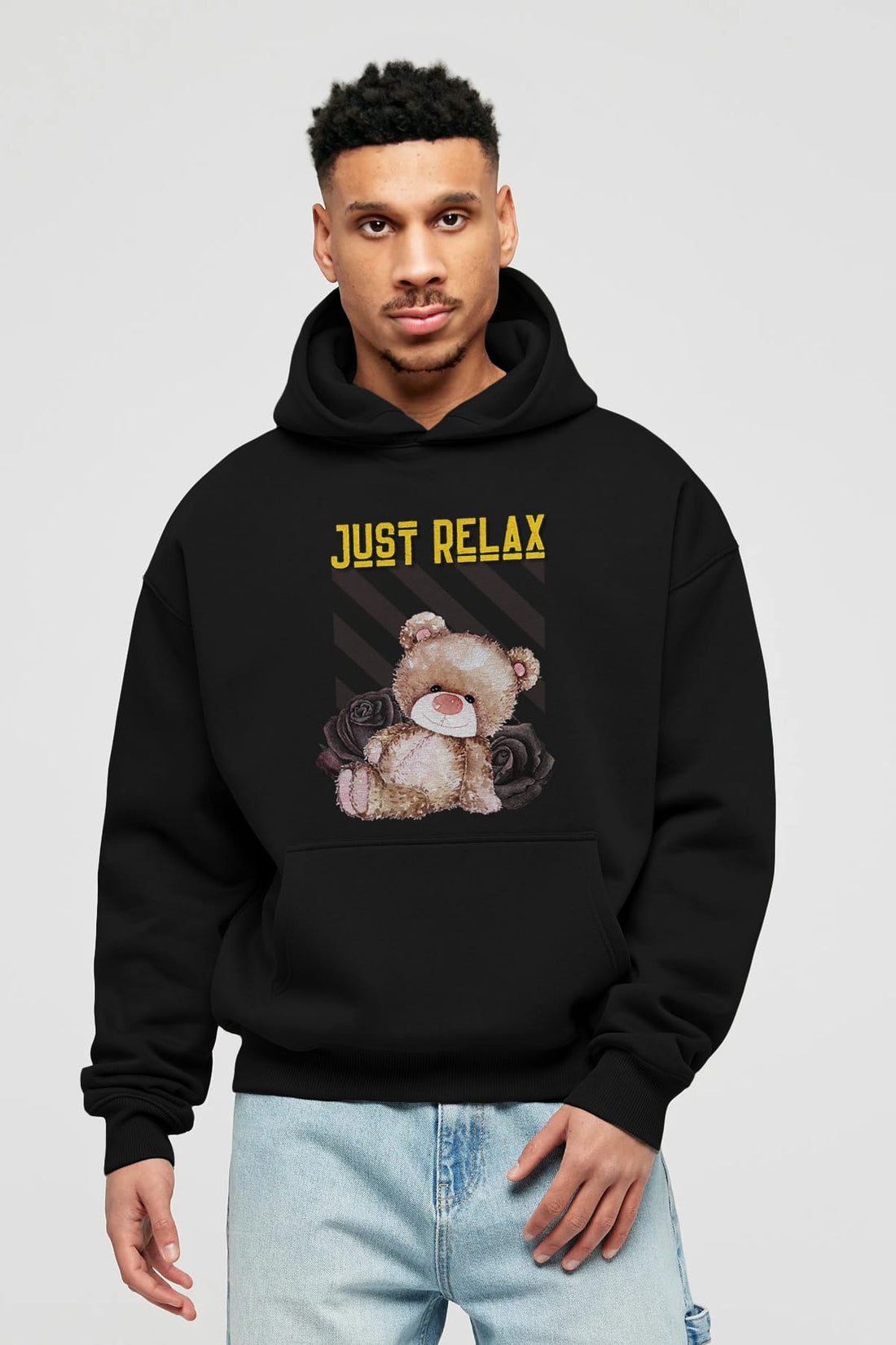 Just Relax Teddy Bear Ön Baskılı Oversize Hoodie Kapüşonlu Sweatshirt Erkek Kadın Unisex