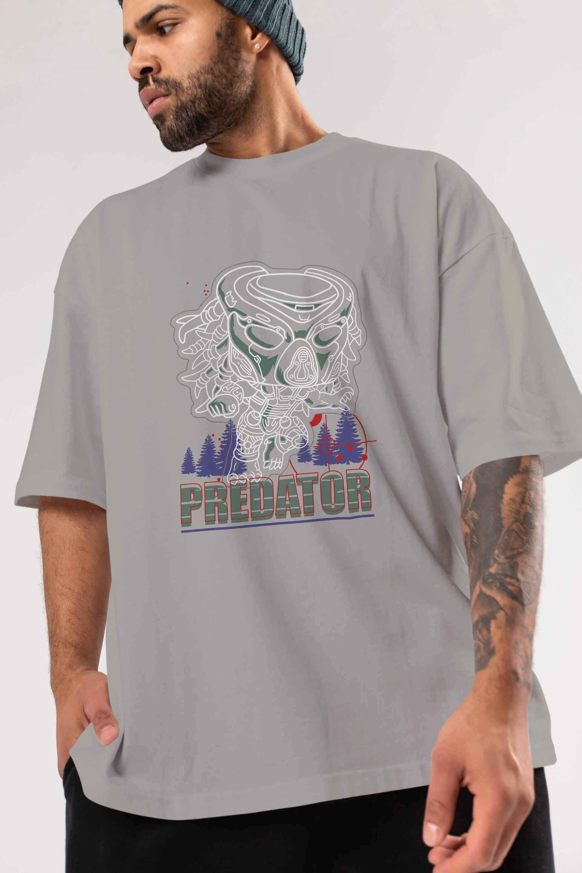Predator Ön Baskılı Oversize t-shirt Erkek Kadın Unisex %100 Pamuk Bisiklet Yaka tişort