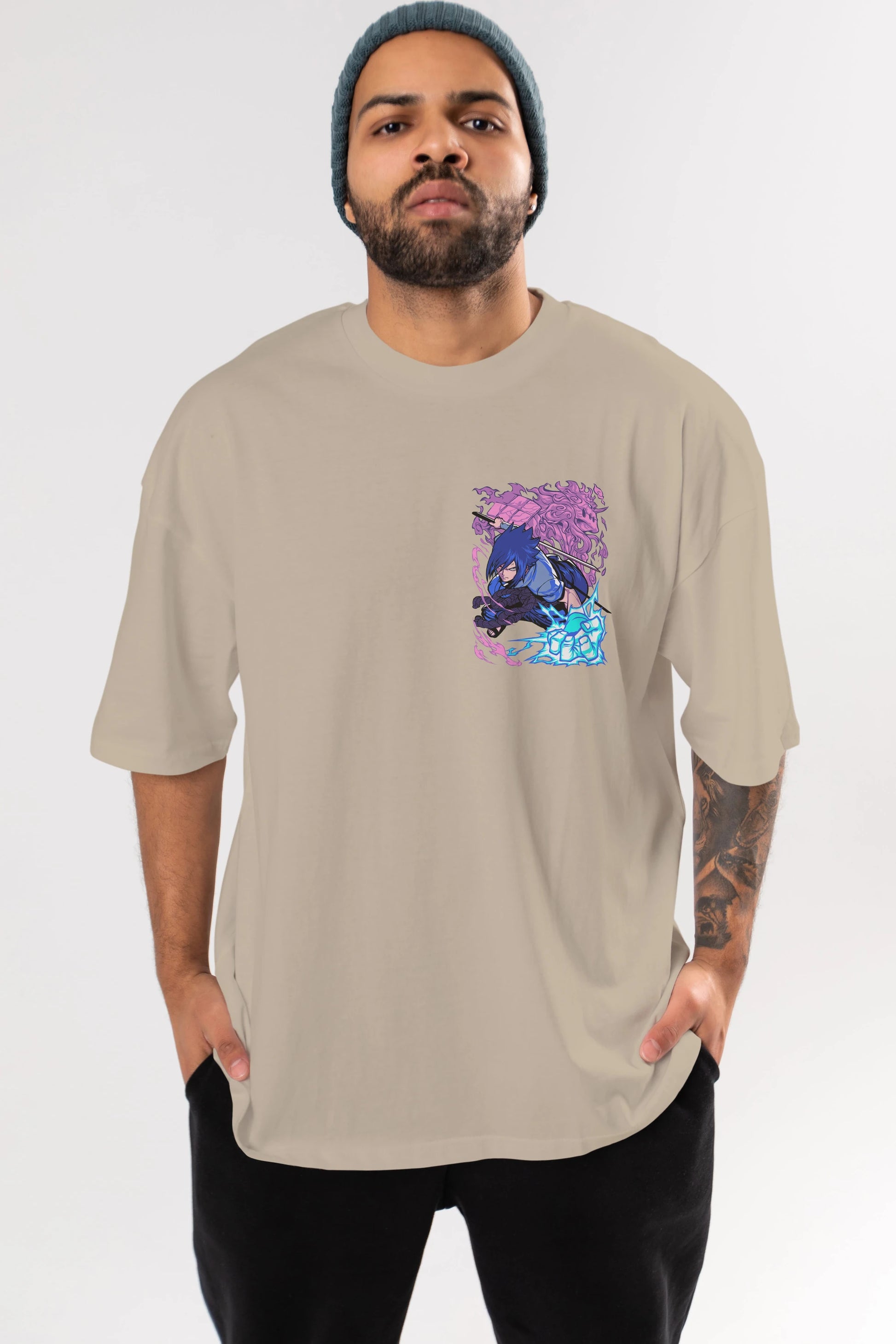 NARUTO SASUKE UCHIHA 2 Ön Sol Baskılı Oversize t-shirt Erkek Kadın Unisex %100 Pamuk Bisiklet Yaka tişort