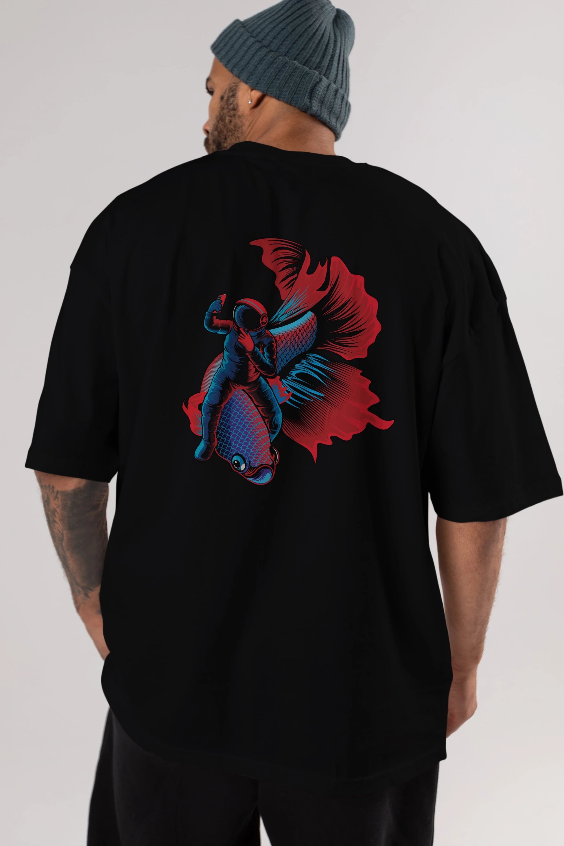 Astrofish selfie Arka Baskılı Oversize t-shirt Erkek Kadın Unisex