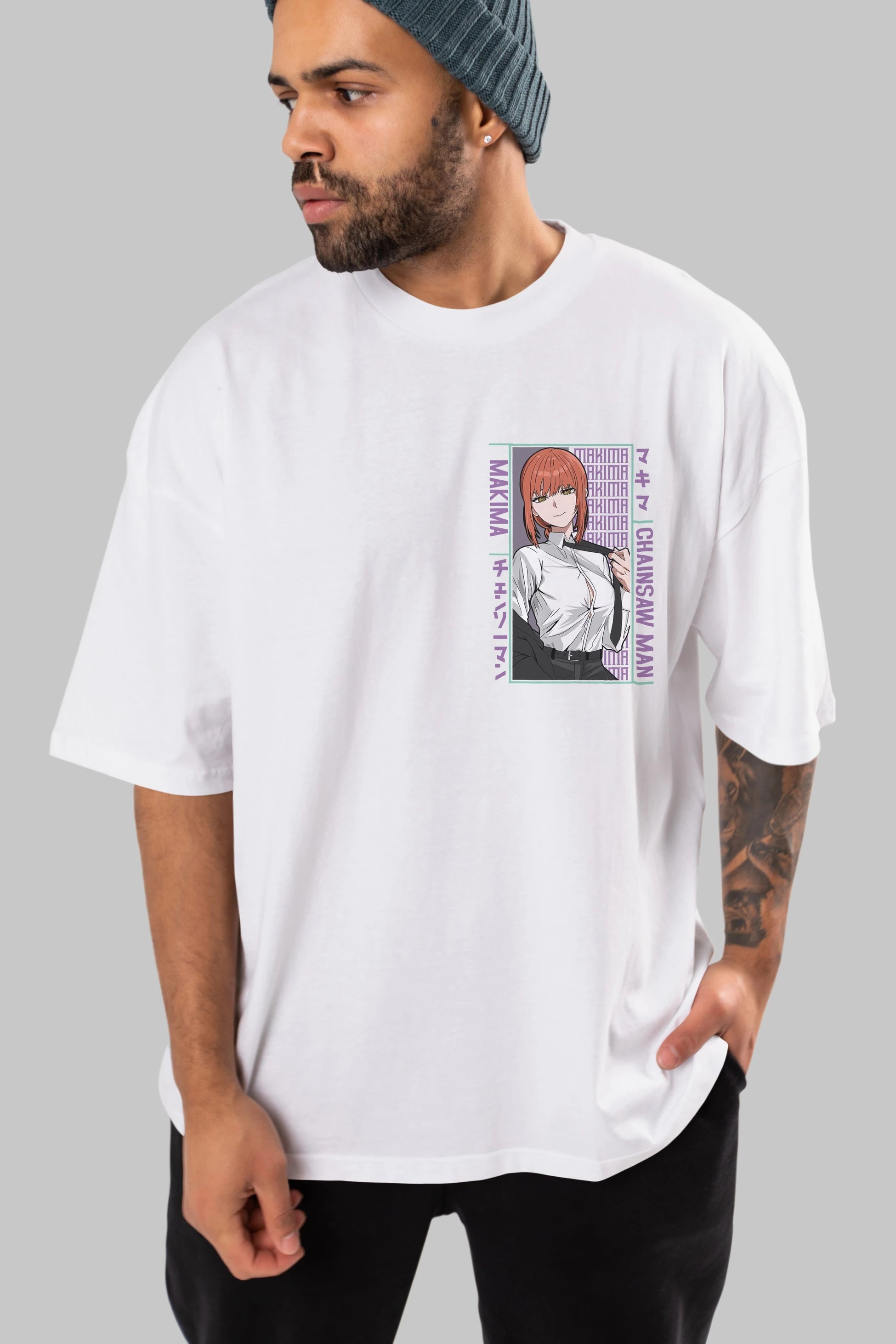 Makima Chain Saw Man Ön Sol Baskılı Oversize t-shirt Erkek Kadın Unisex %100 Pamuk Bisiklet Yaka tişort