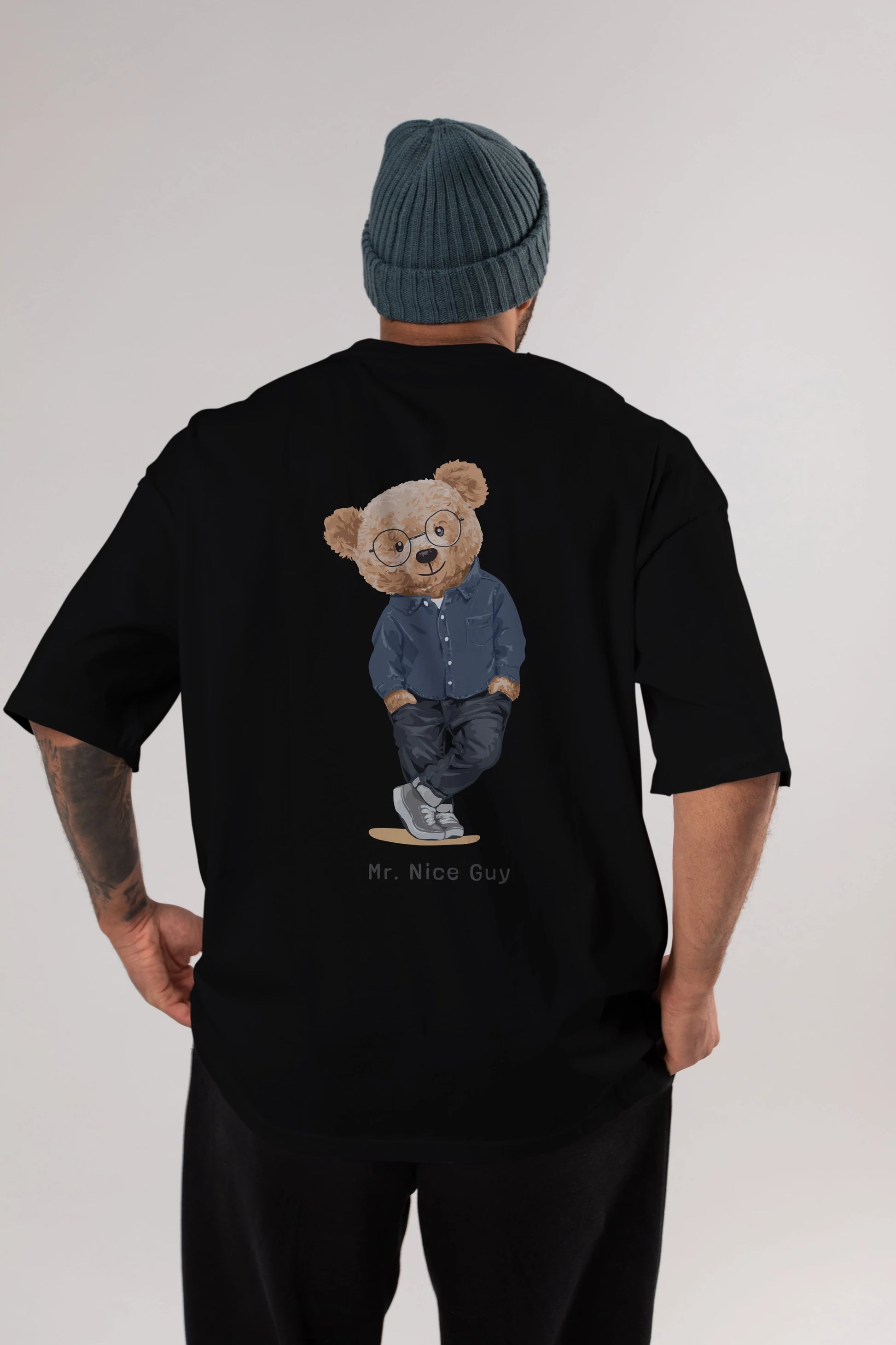 Teddy Bear Mr. Nice Guy Arka Baskılı Oversize t-shirt Erkek Kadın Unisex %100 Pamuk