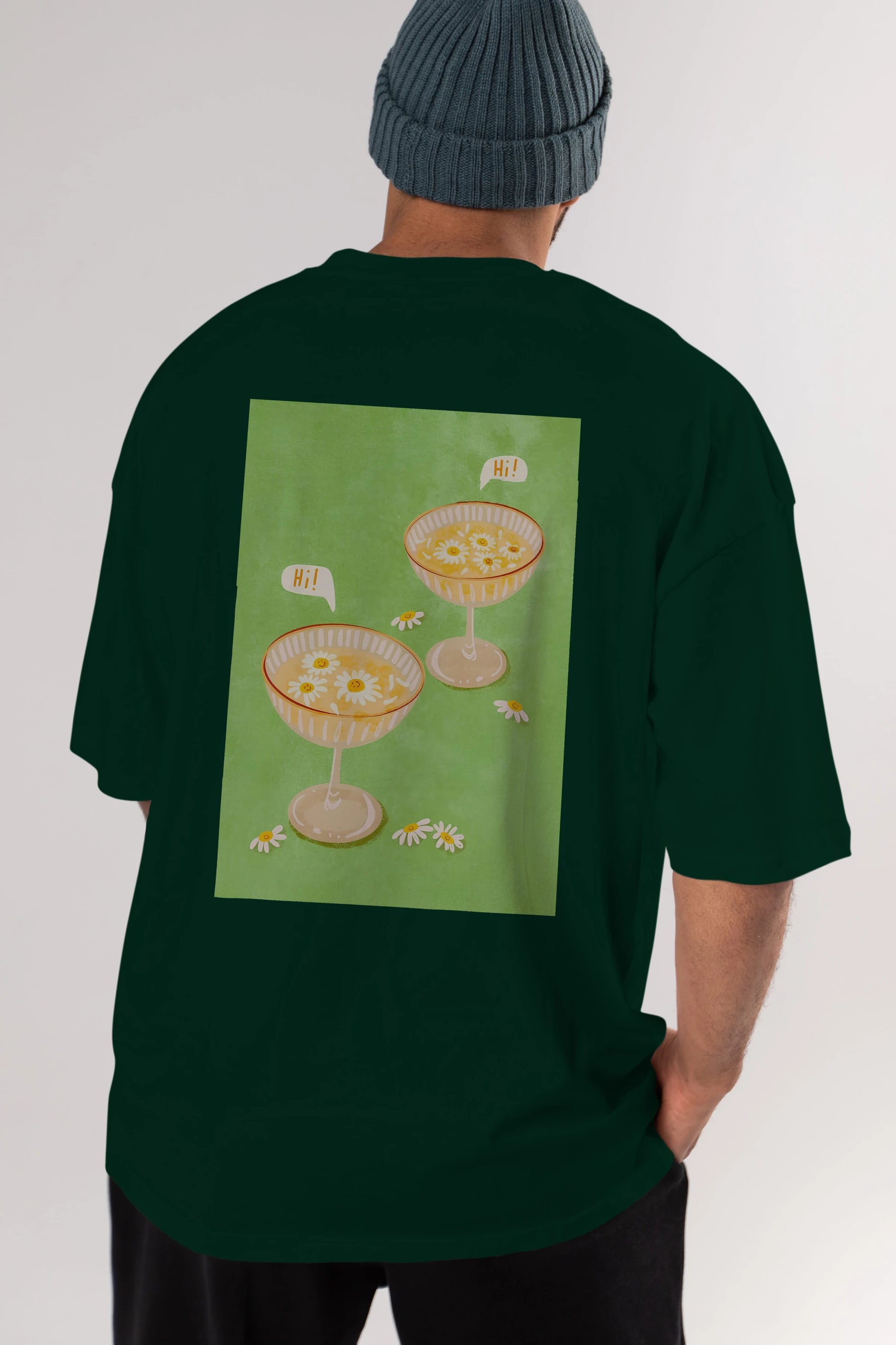Hi Cheers Arka Baskılı Oversize t-shirt Erkek Kadın Unisex %100 Pamuk Bisiklet Yaka tişort